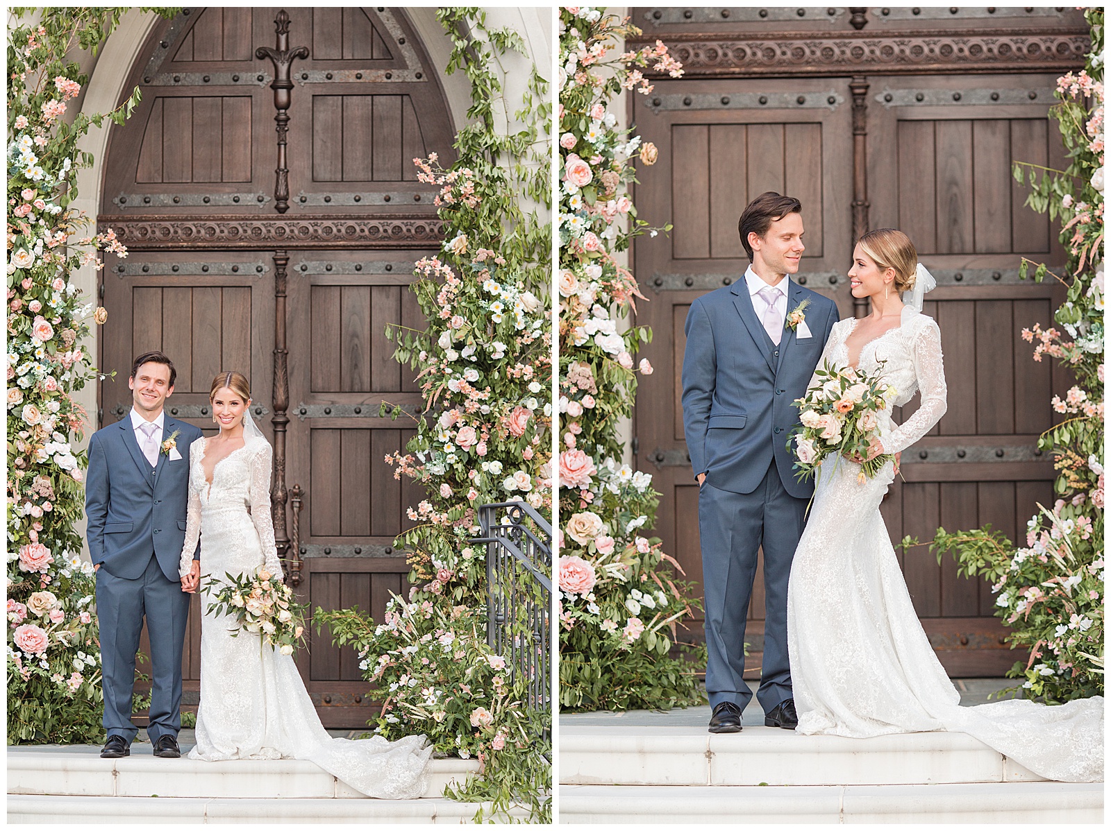 Couple poses in front of large wooden doors framed in flowers at romantic and timeless Park Chateau wedding 