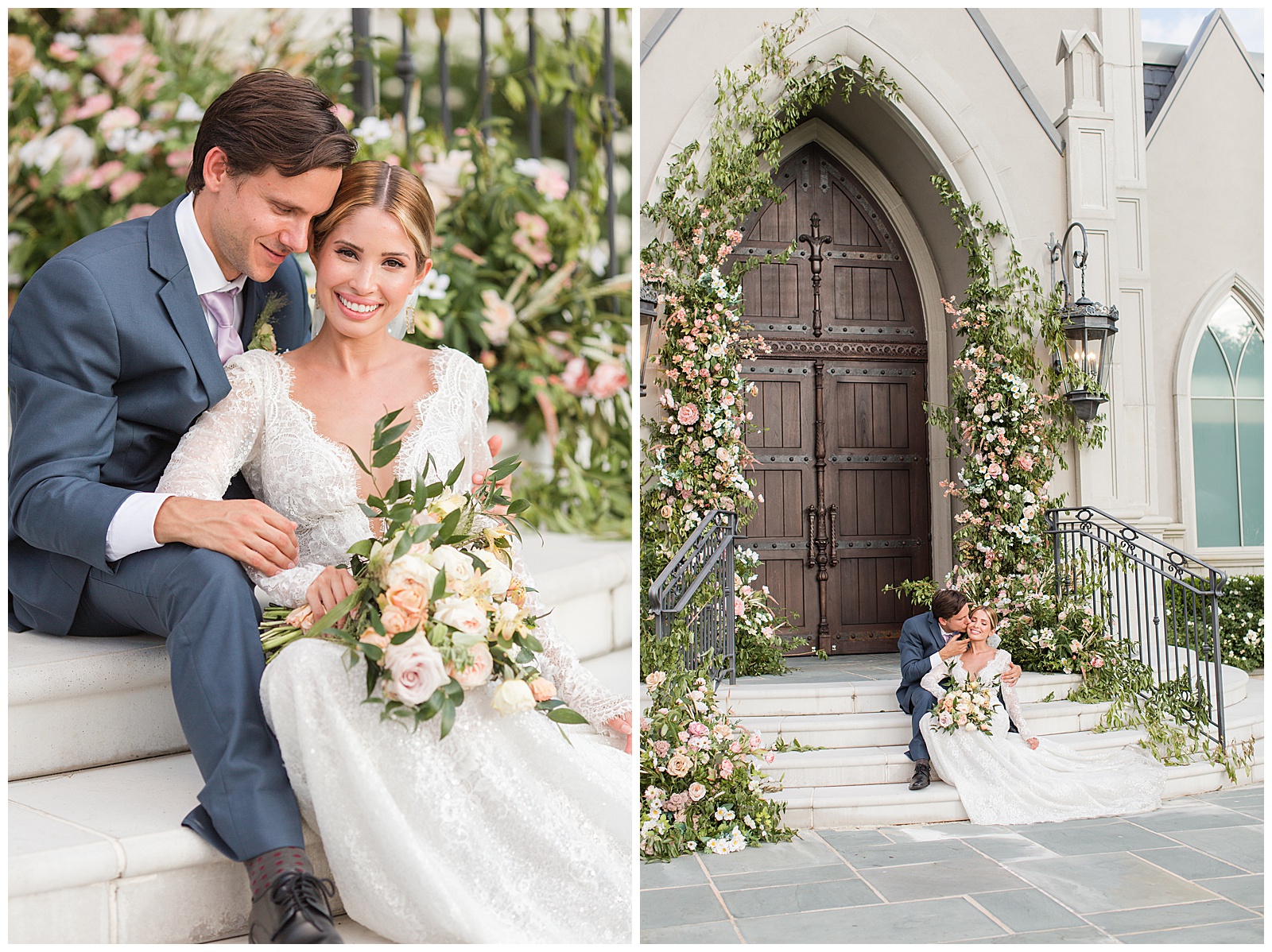 Couple sits on stairs of building surrounded by flowers at wedding 