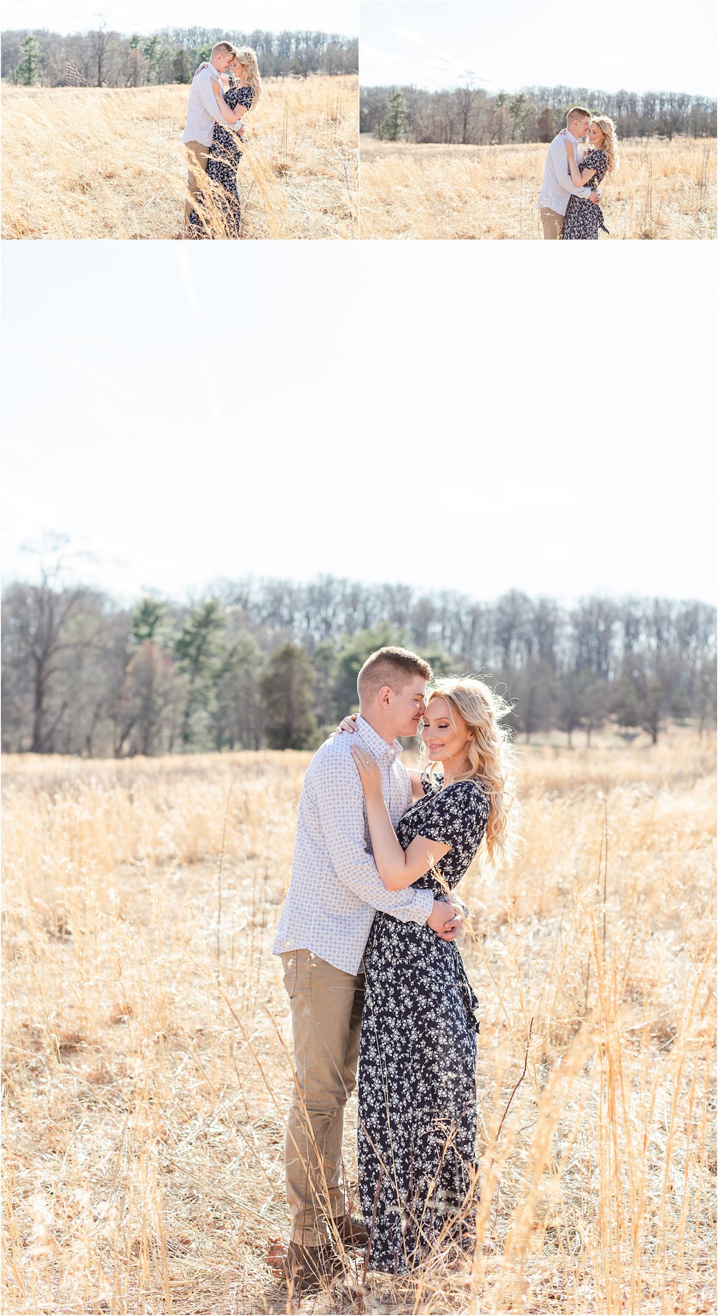 Couple poses in tall grass in open field during Valley Forge Engagement Session 