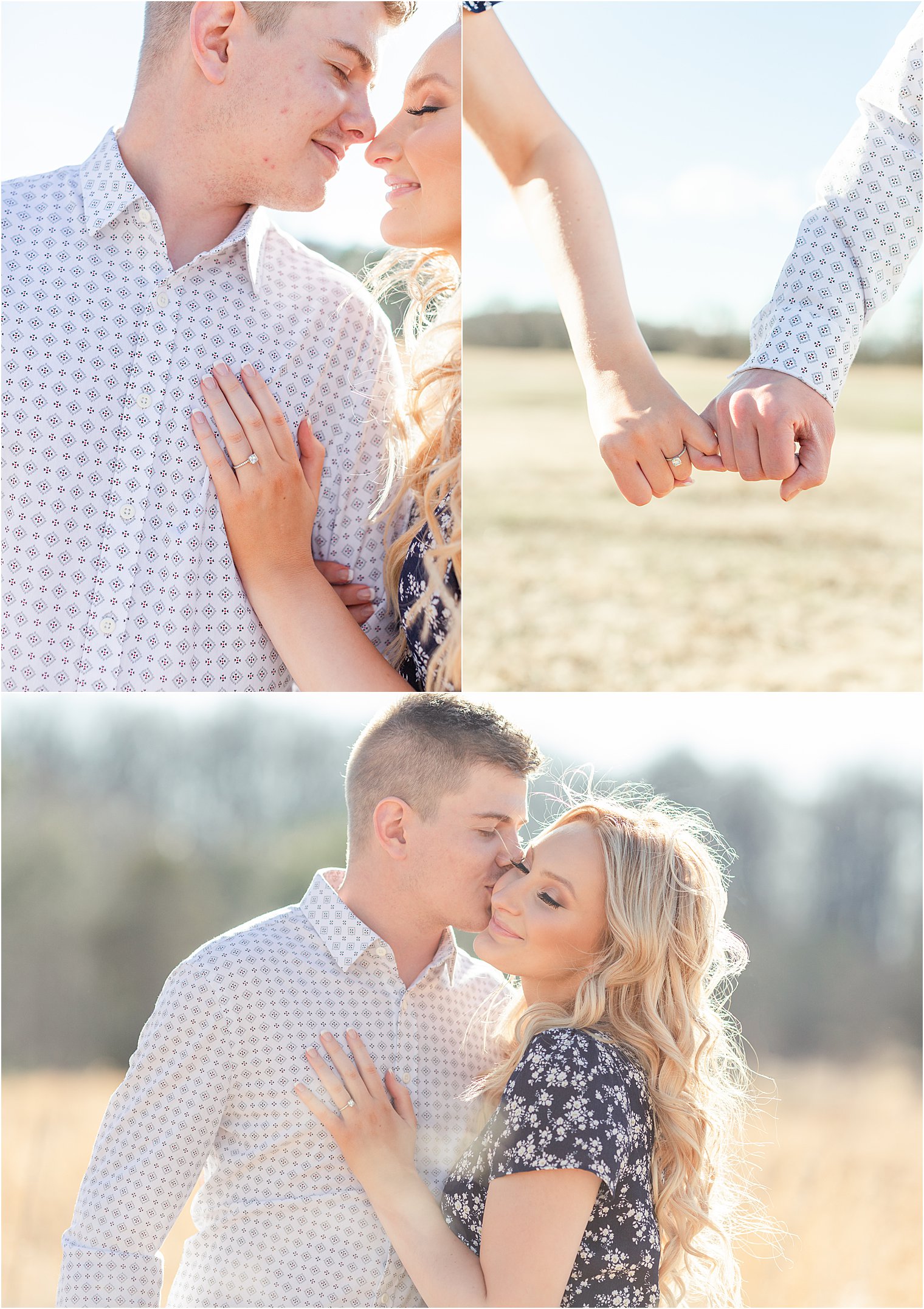 Couple pose with heads close and hand on chest to feature engagement ring 