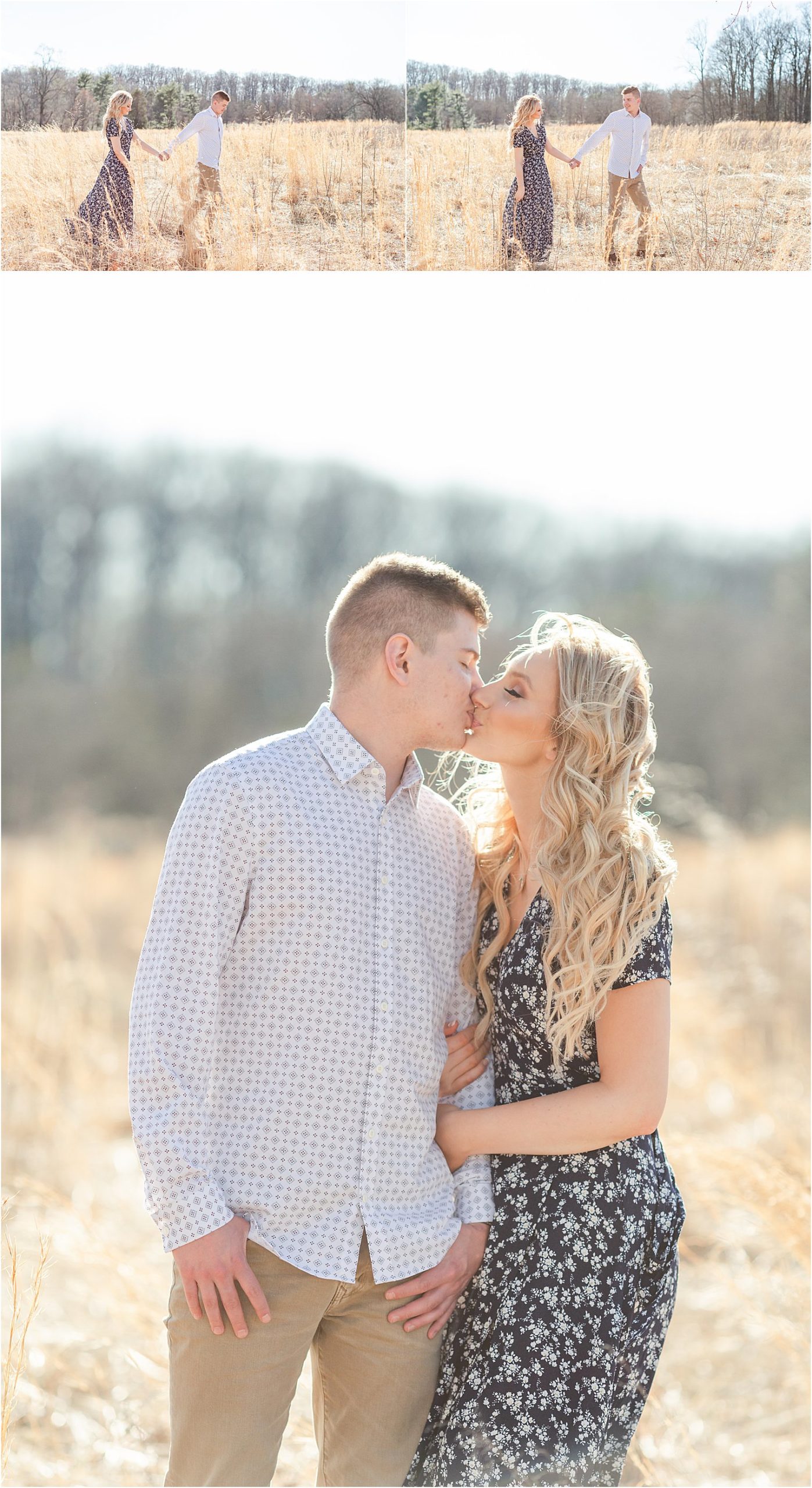 Couple walks through tall grass field and kisses during engagement session