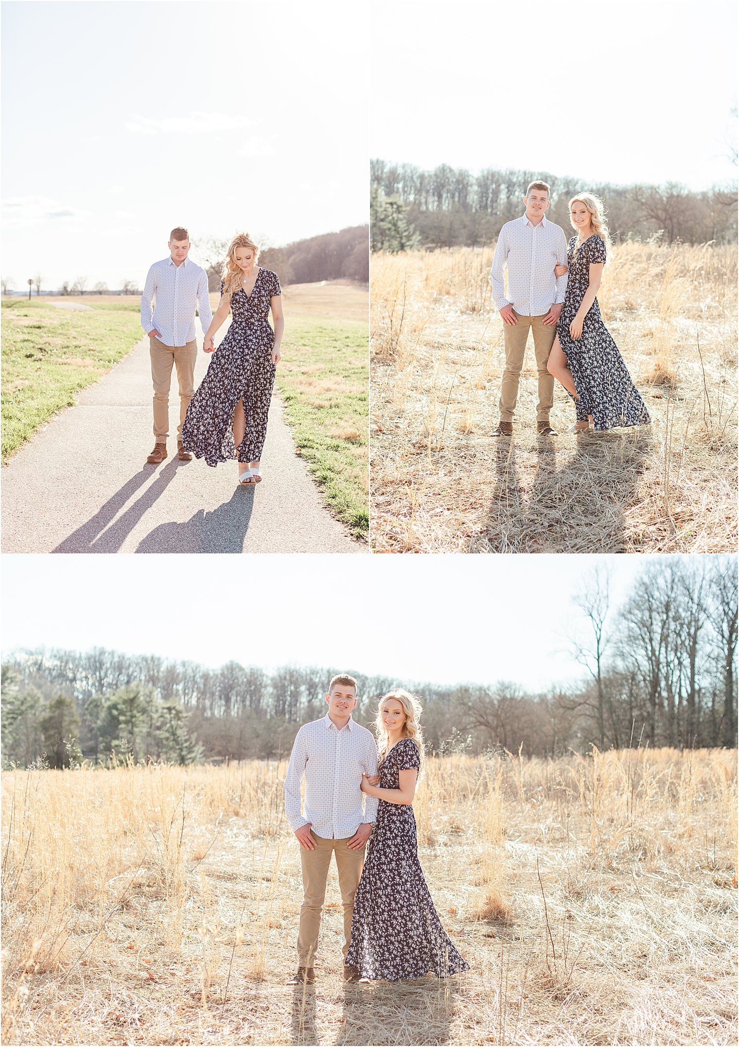 Couple walks along path and poses during Valley Forge Engagement Session