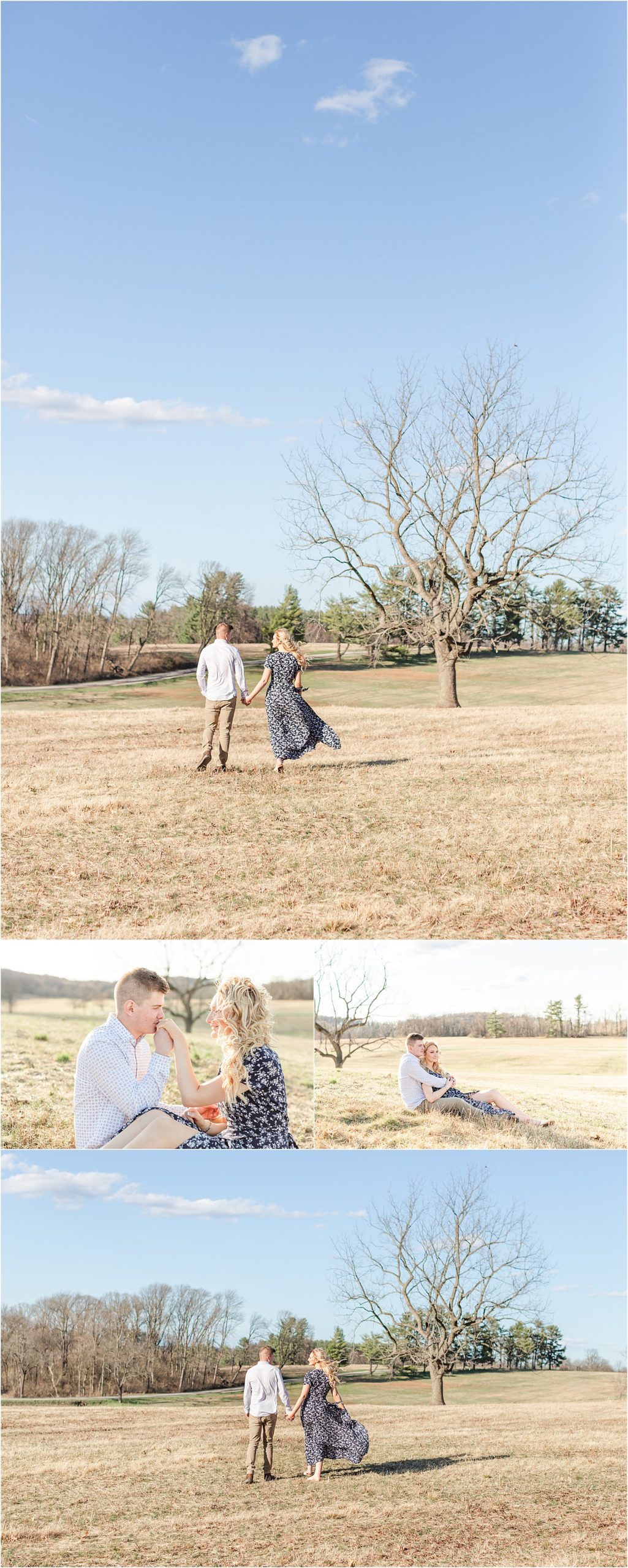 Couple walk towards solo tree and sit beneath it during Valley Forge Engagement Session