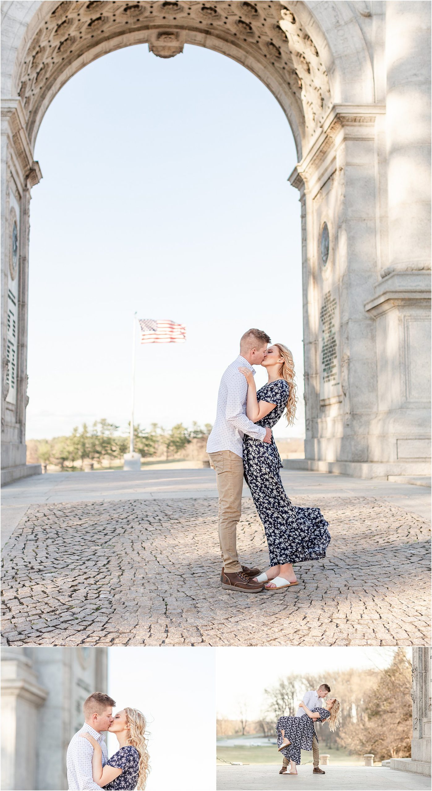 Couple kisses under large archway with American flag in background 