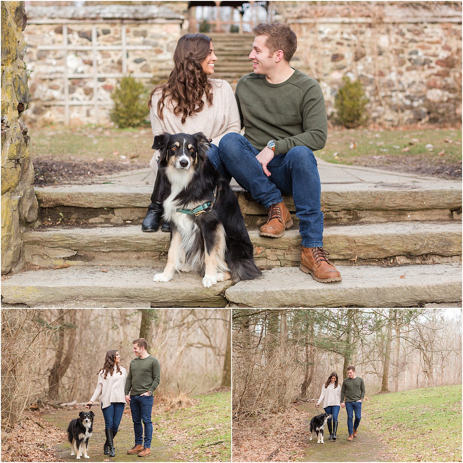 Couple walks along path with dog and then rests on a step during engagement session