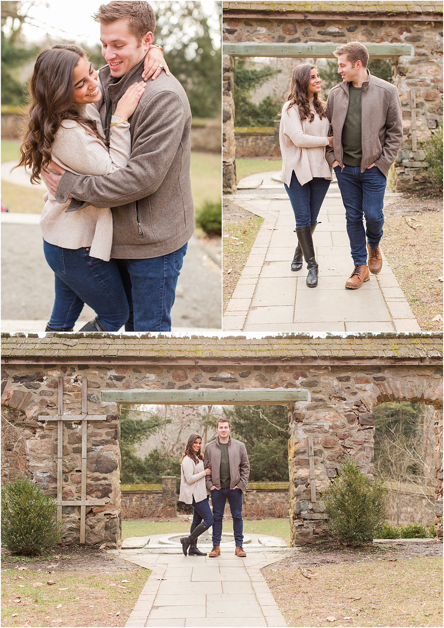 couple walks together and poses under outdoor walkway 