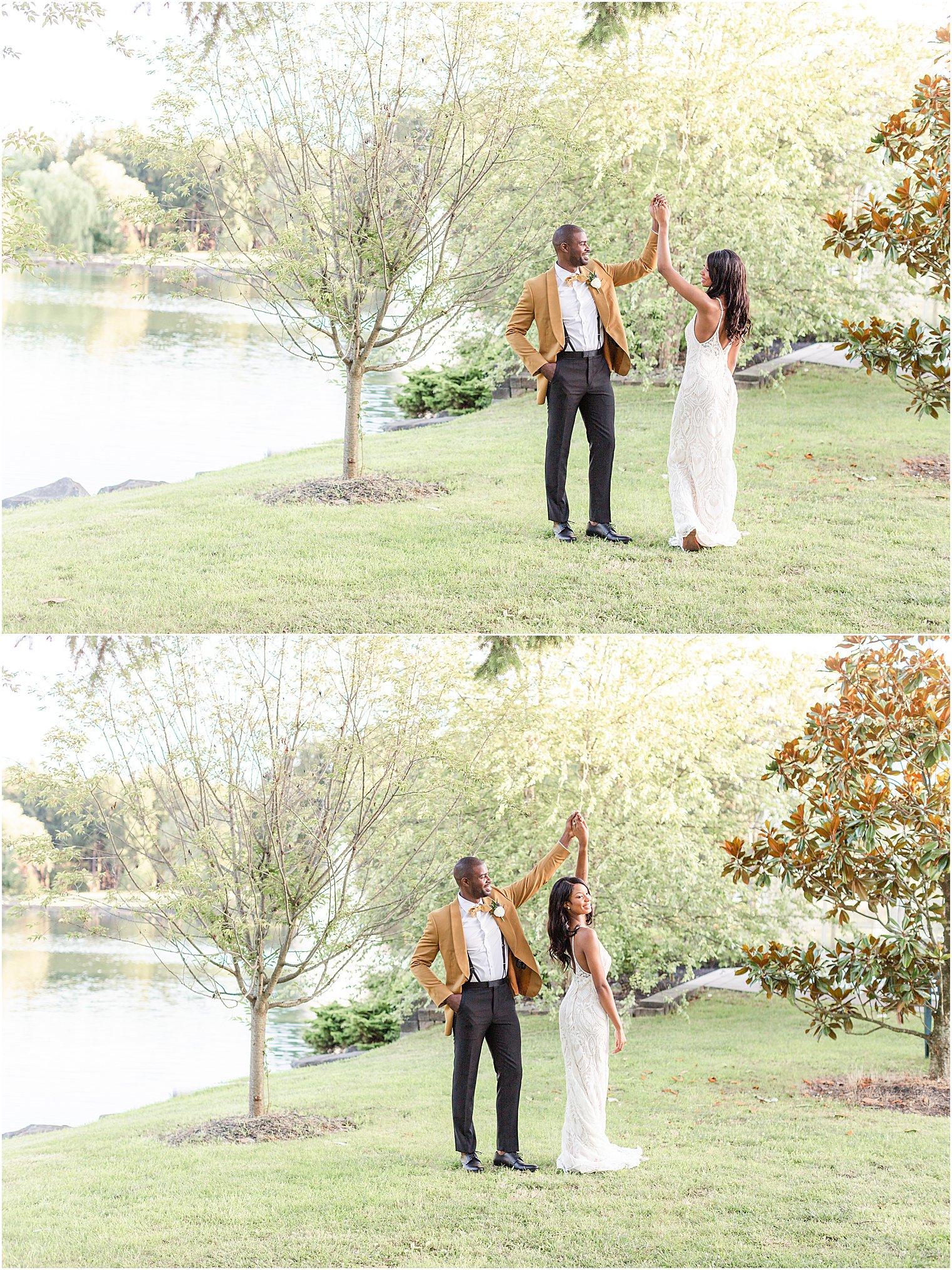 bride and groom dance lakeside during wedding editorial shoot
