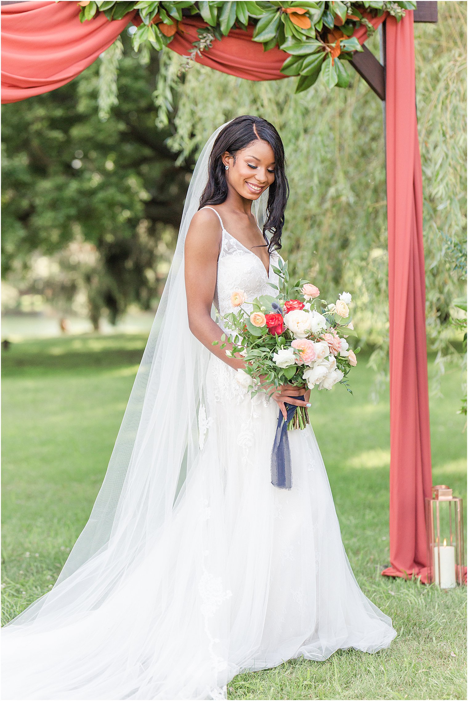 Bride holding her bouquet of flowers during wedding editorial 