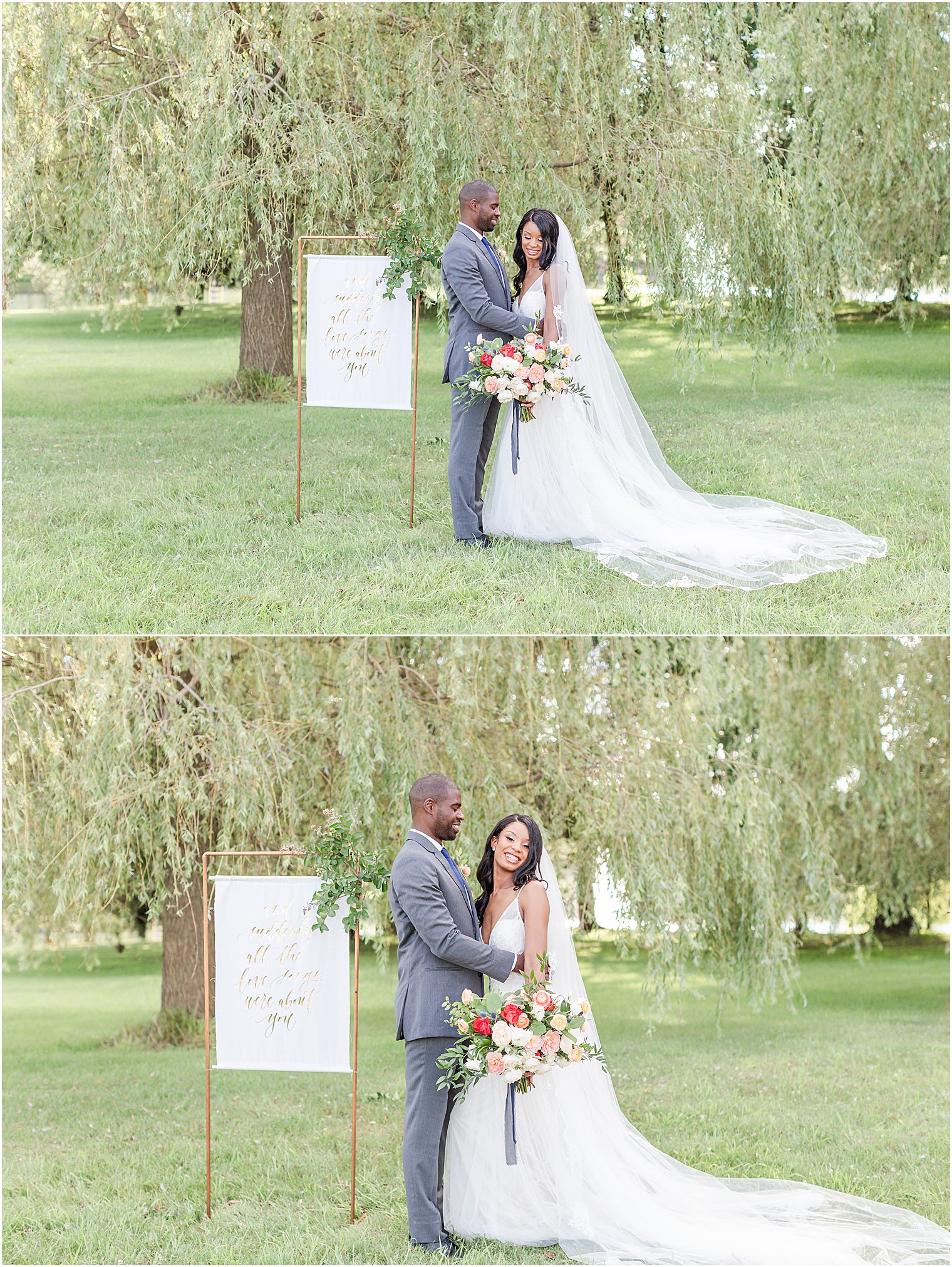 bride and groom stand under willow tree after ceremony during wedding editorial shoot