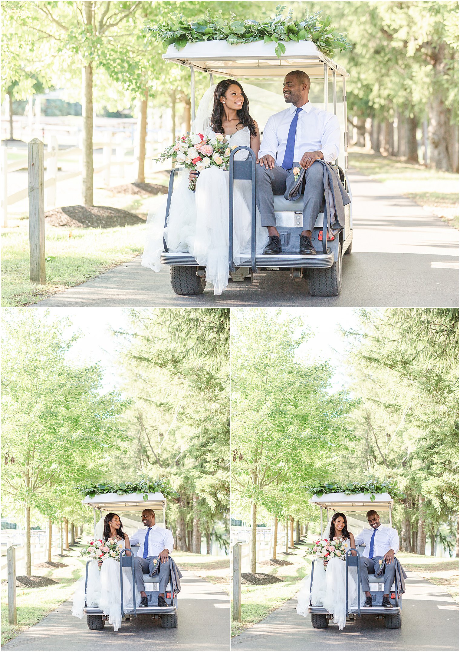 bride and groom in golf cart after ceremony 