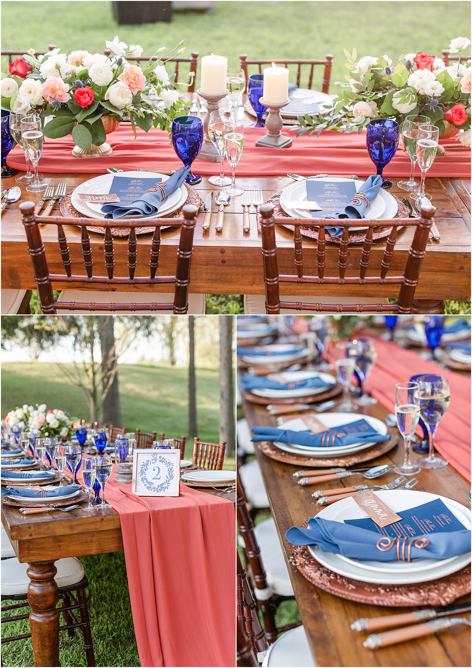 blue table setting and floral centerpieces at wedding editorial 