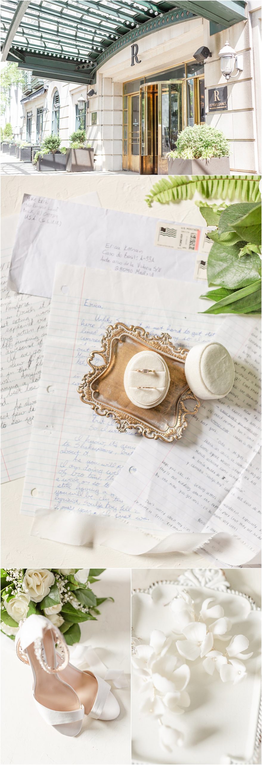 The wedding details including wedding ring and bride and groom love letters