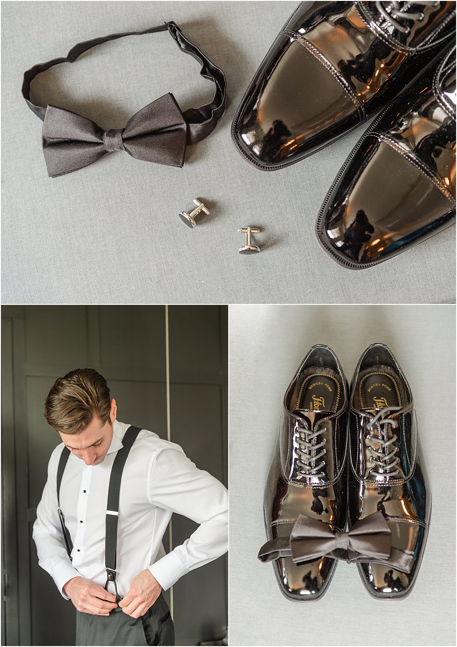 groom shoes, bowtie, and him getting ready