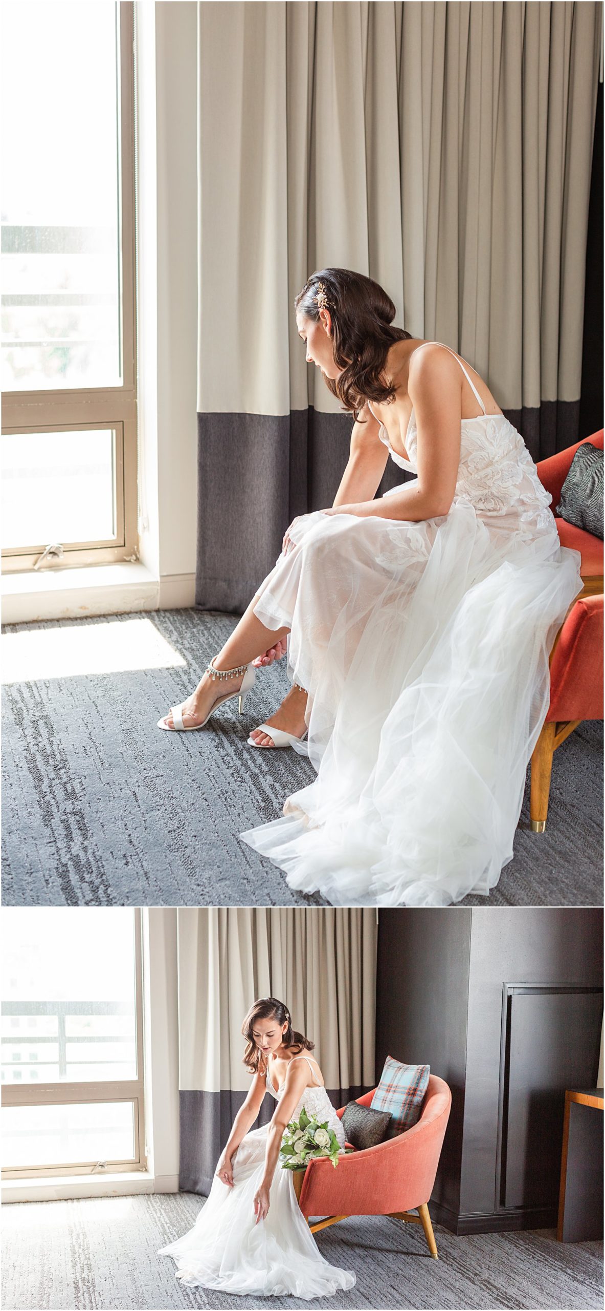 bride sitting in chair putting wedding shoes on