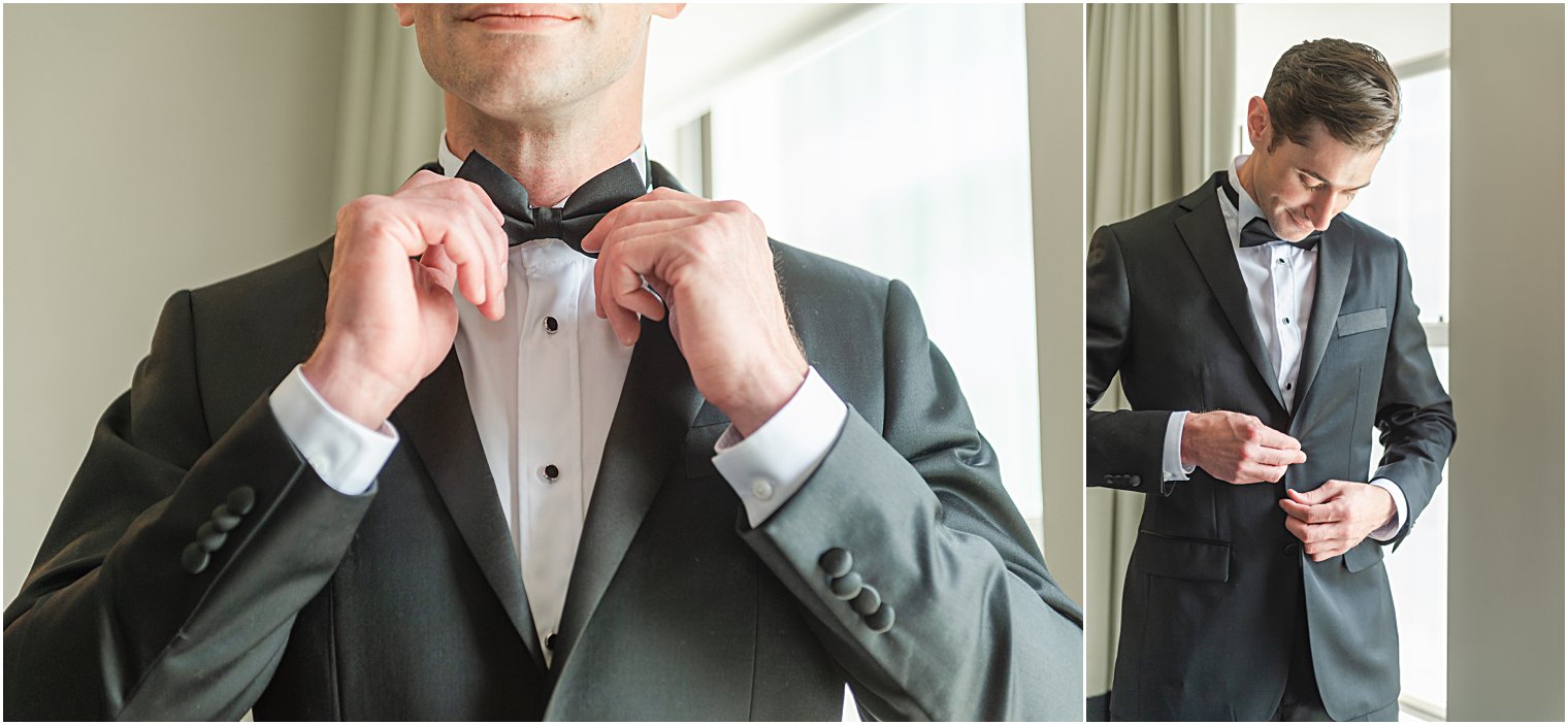 groom adjusting his bowtie and putting tux jacket on