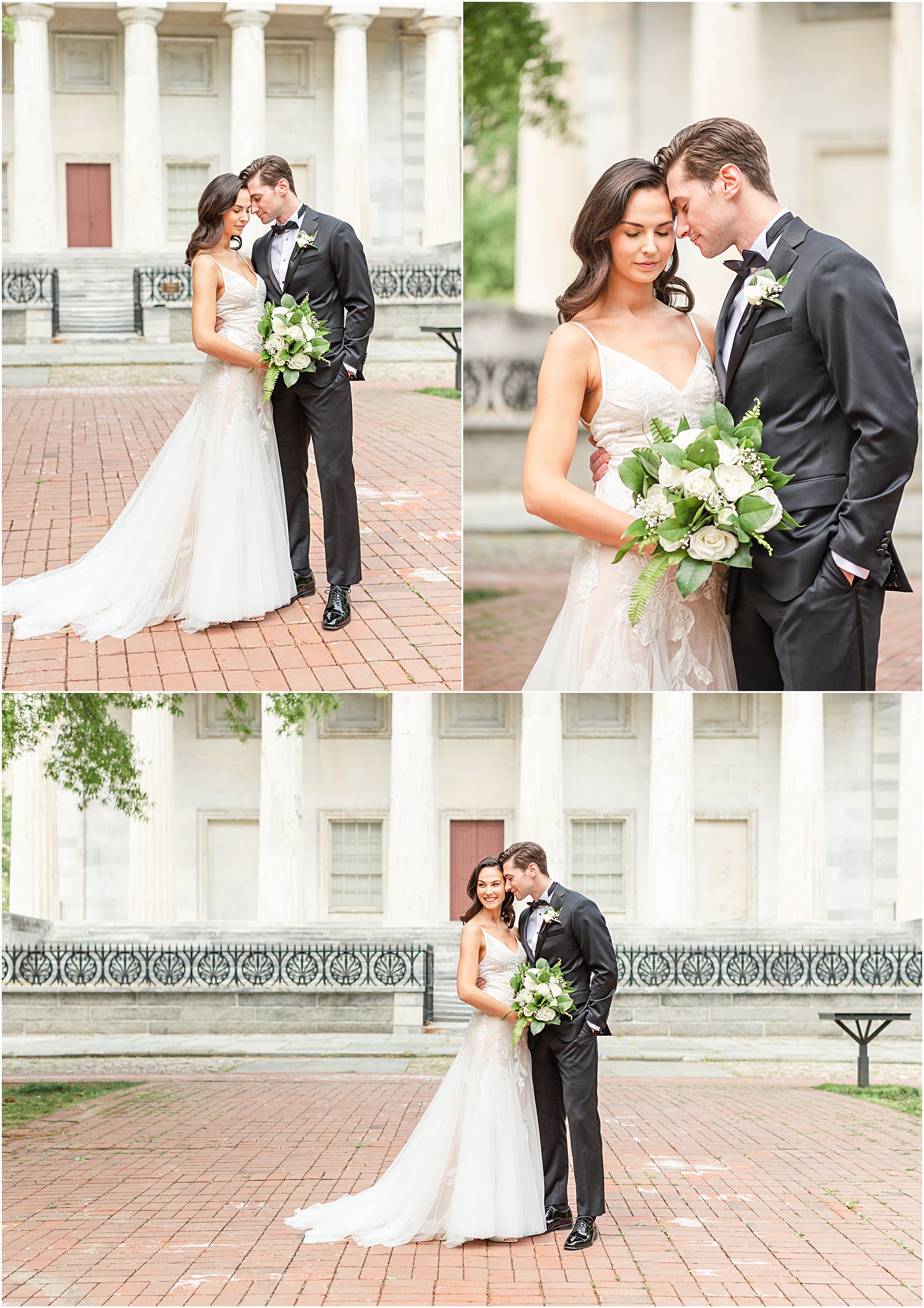 Bride + Groom portraits before wedding ceremony in front of white building