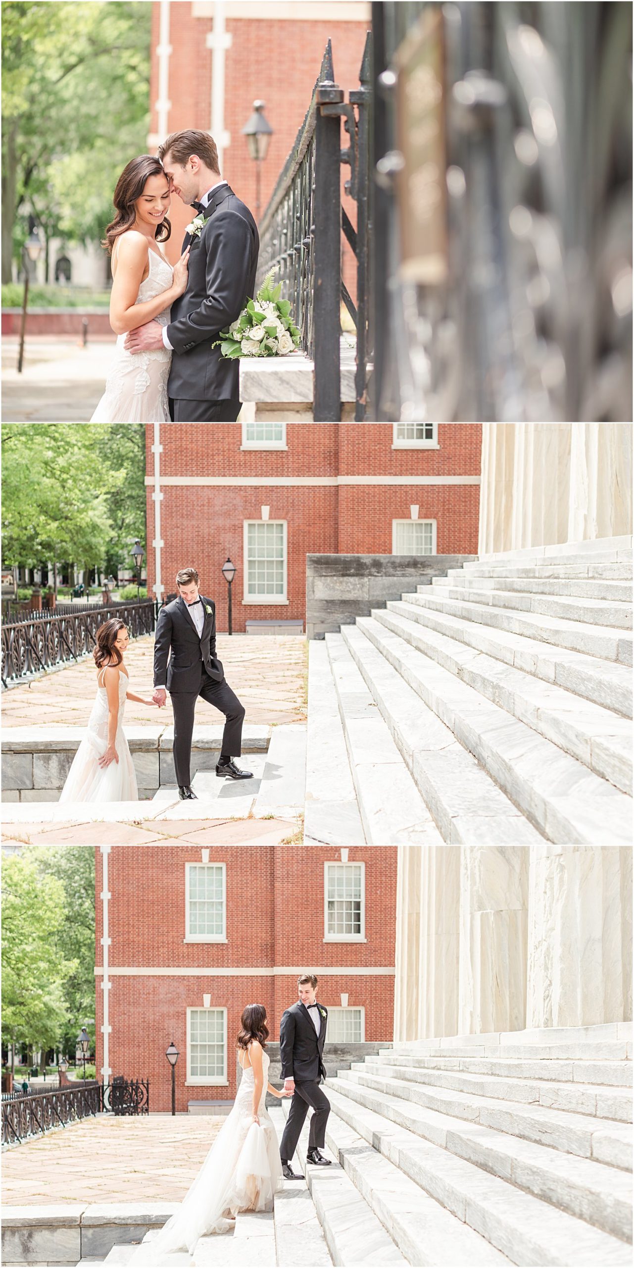 Bride + Groom stand on elegant stairs of building at Philadelphia PA Wedding at Franklin Square