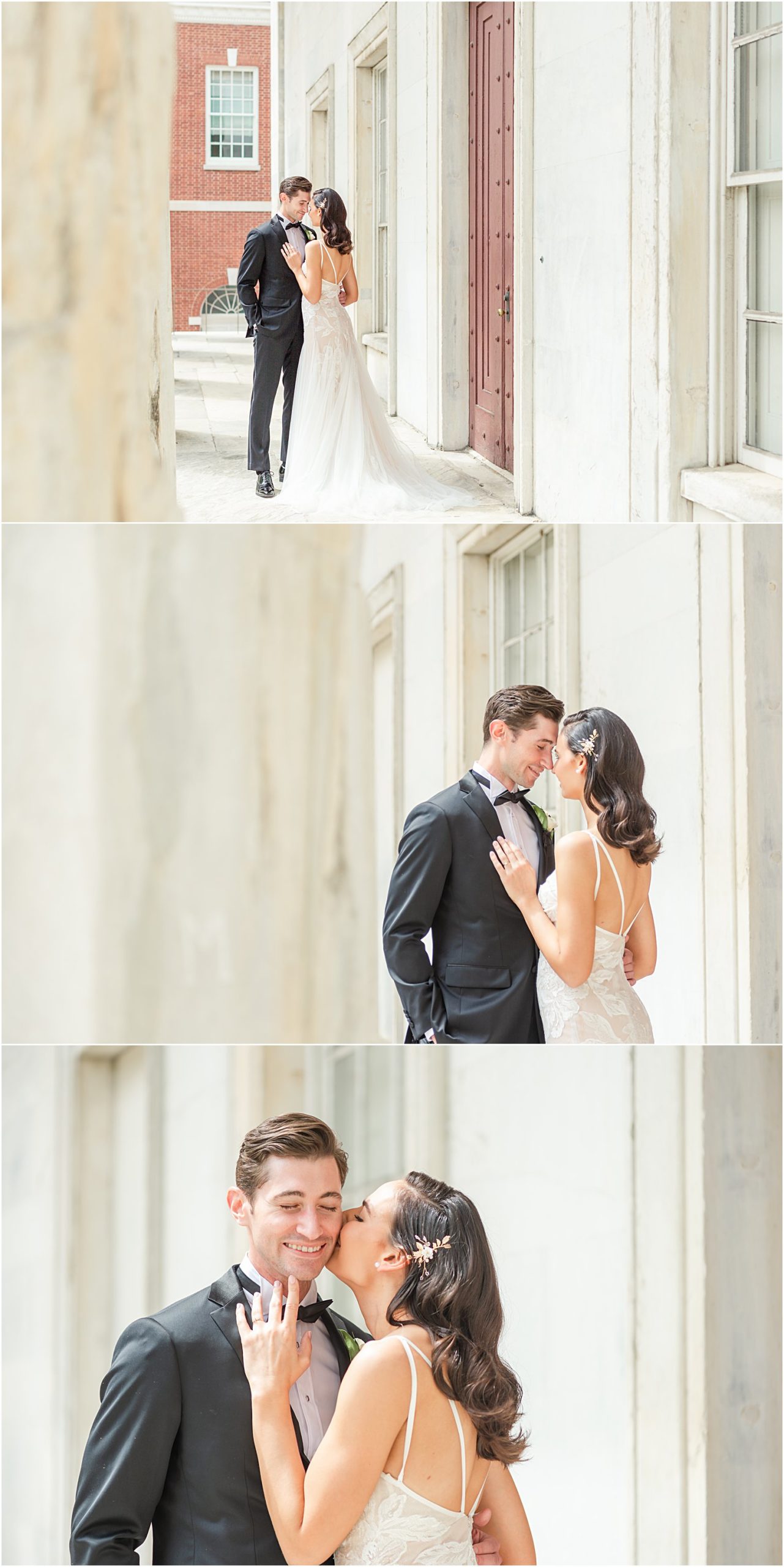 Bride + Groom stand on elegant stairs of building at Philadelphia PA Wedding at Franklin Square