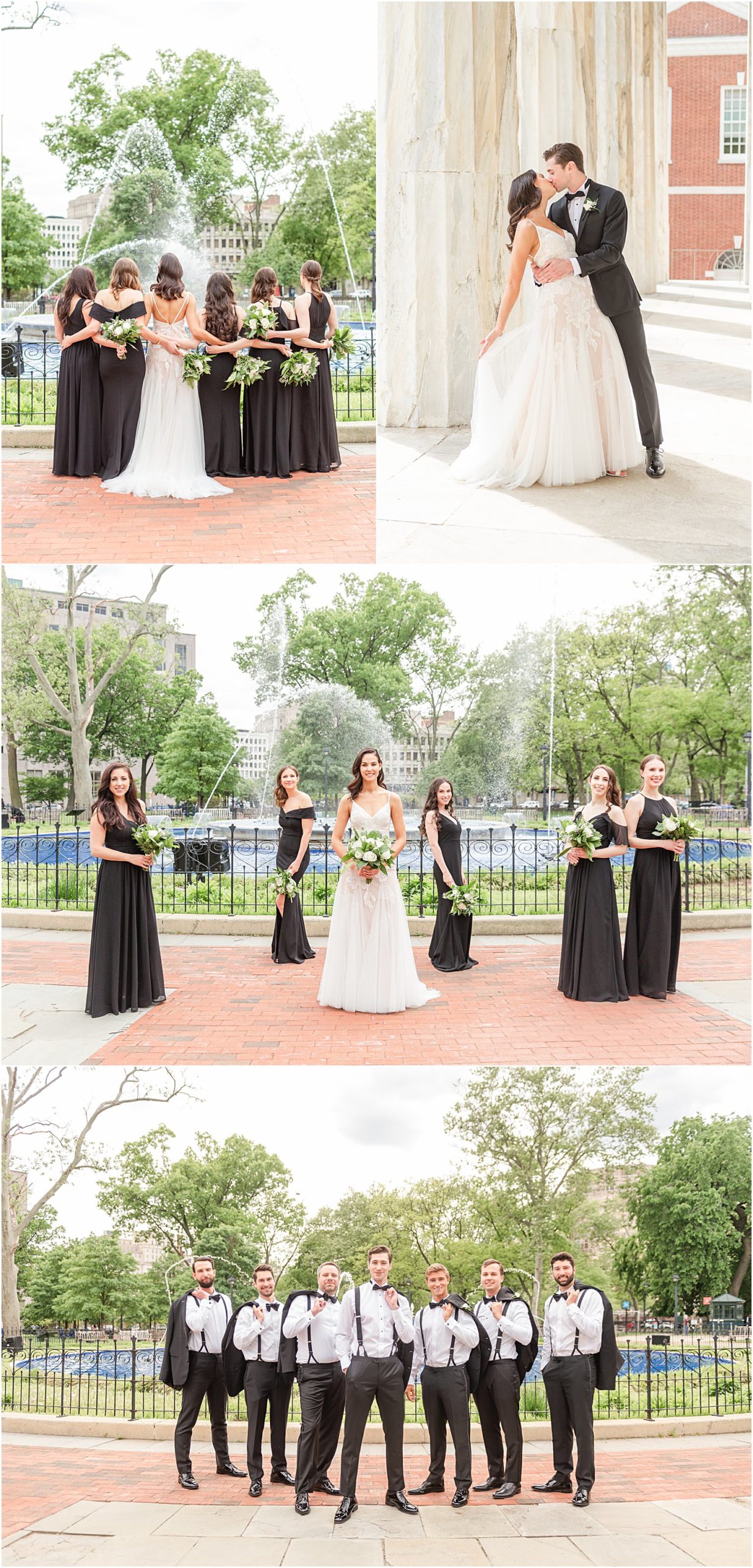 The wedding party posing outside Franklin Square Park, Philadelphia, PA