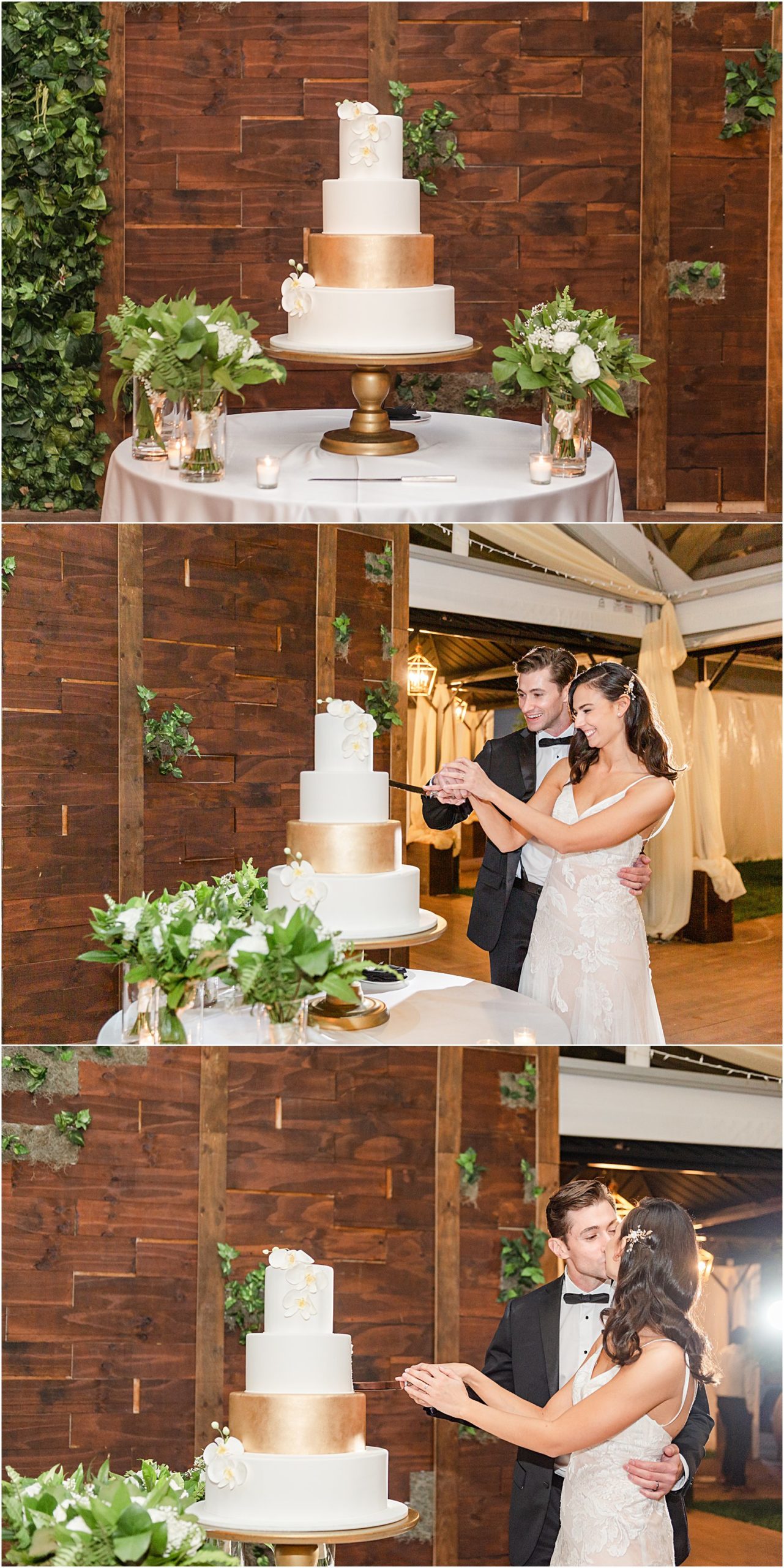 3 pictures of Bride + Groom and their wedding cake