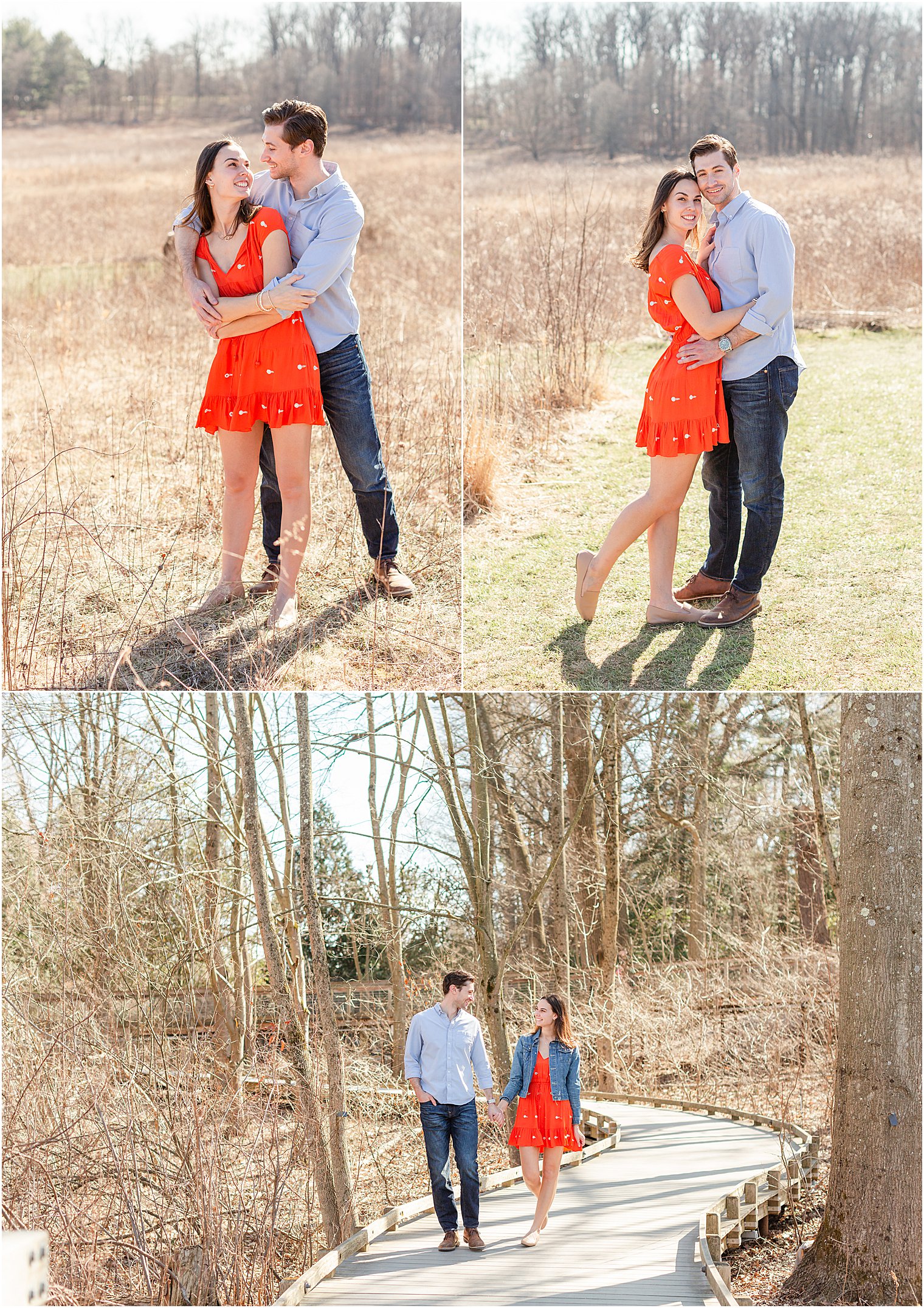 Couple hugs and smile at each other and then couple walks together holding hands along wooden path