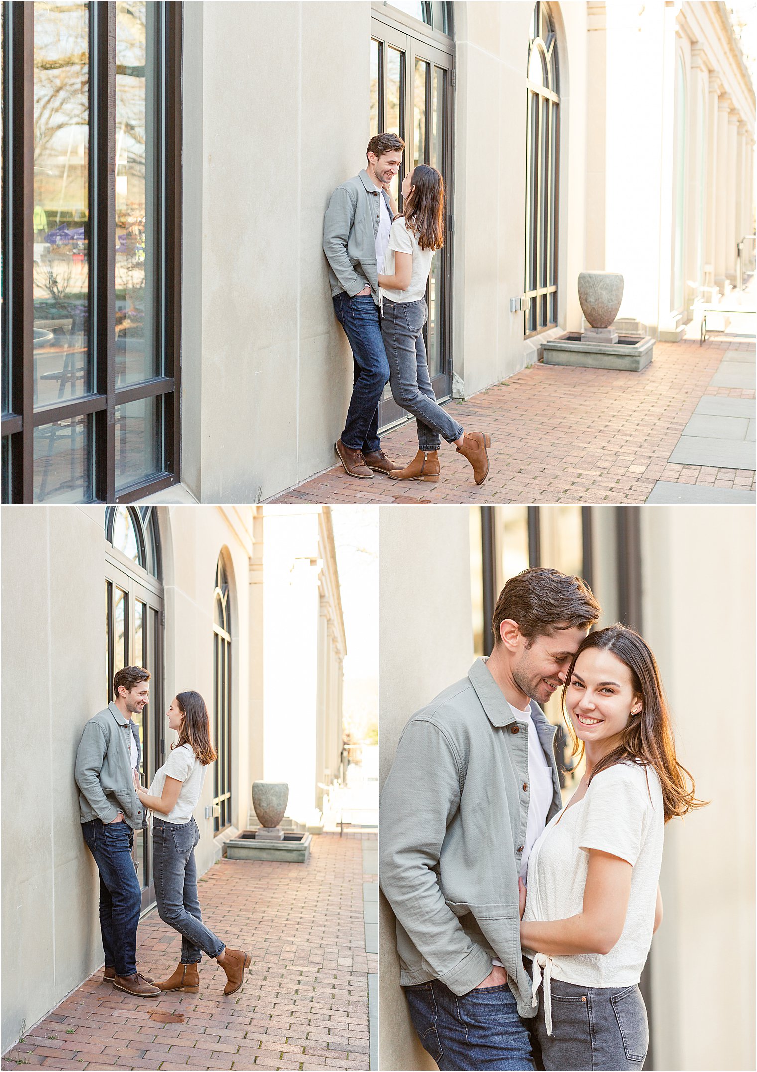 Couple looking at each other by a building during Longwood gardens engagement session