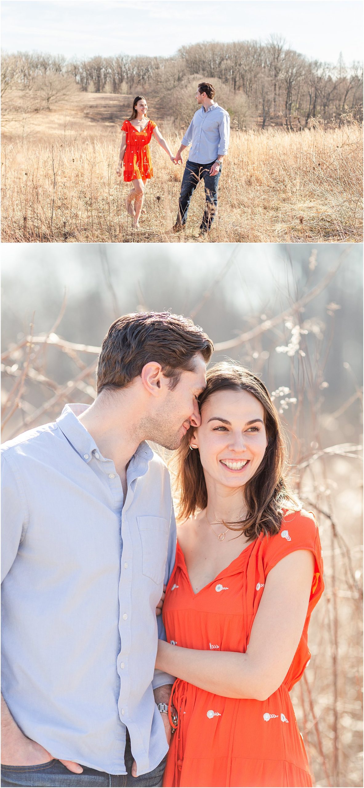 Couple walks through tall grass during Longwood Gardens Spring Engagement Session