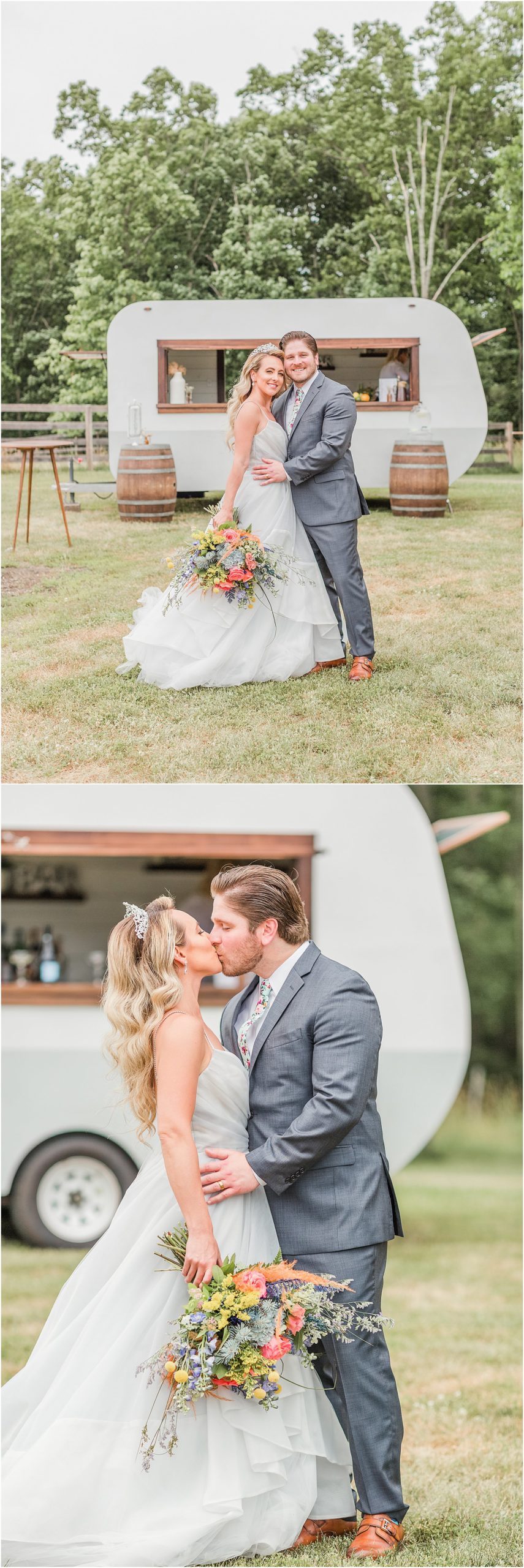 Bride + Groom kiss in front of food truck at outdoor wedding