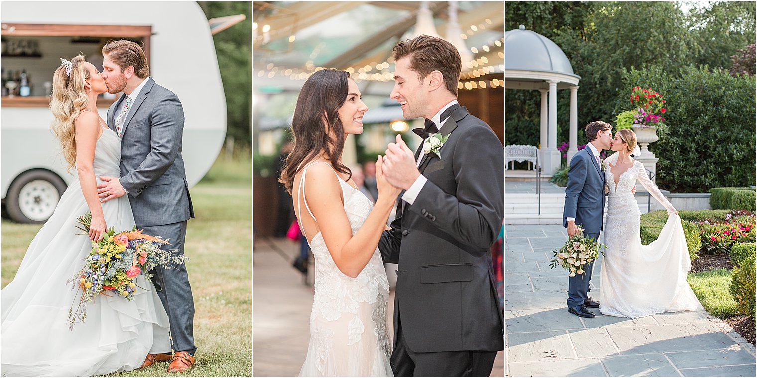 3 Bride + Grooms kiss at their outdoor wedding 