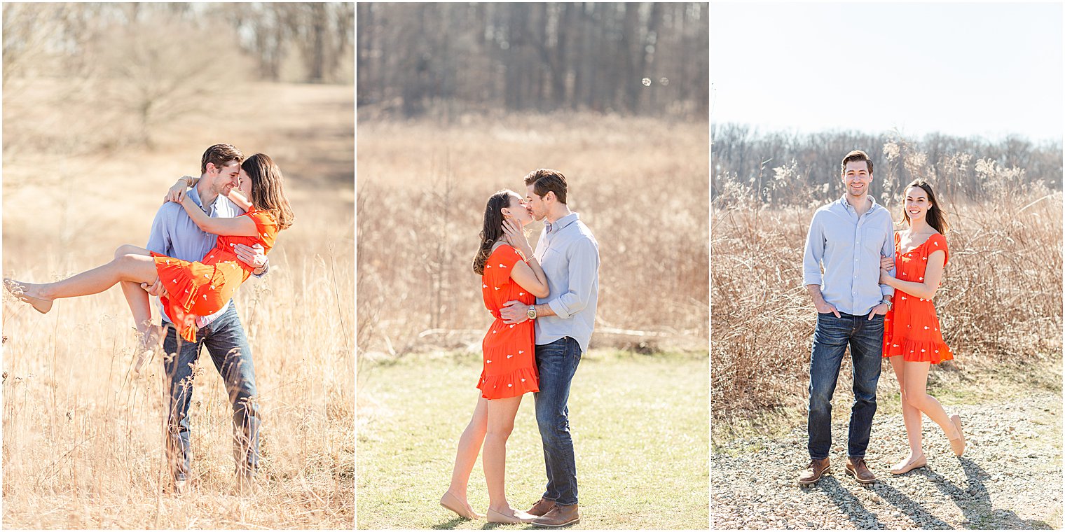Couple smiling in front of tall grass during Longwood Gardens Spring Engagement Session