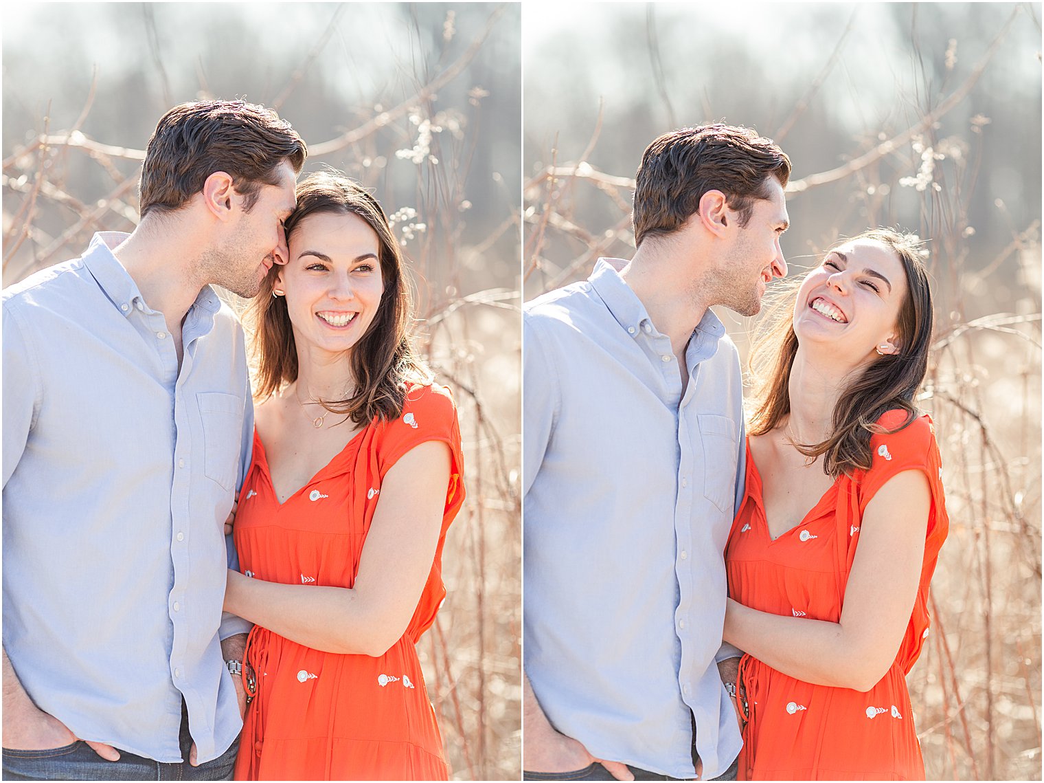 Michael leaning into Erica as she smiles off in the distance and then laughs during Longwood Gardens Spring Engagement Session