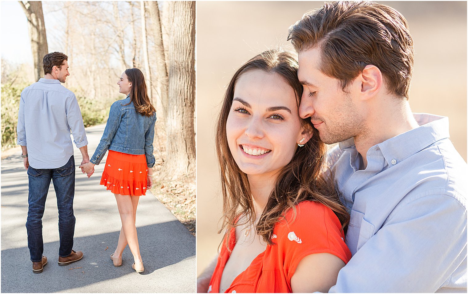 Michael leans into Erica as she smiles at camera and they walk along path during Longwood Gardens Spring Engagement Session