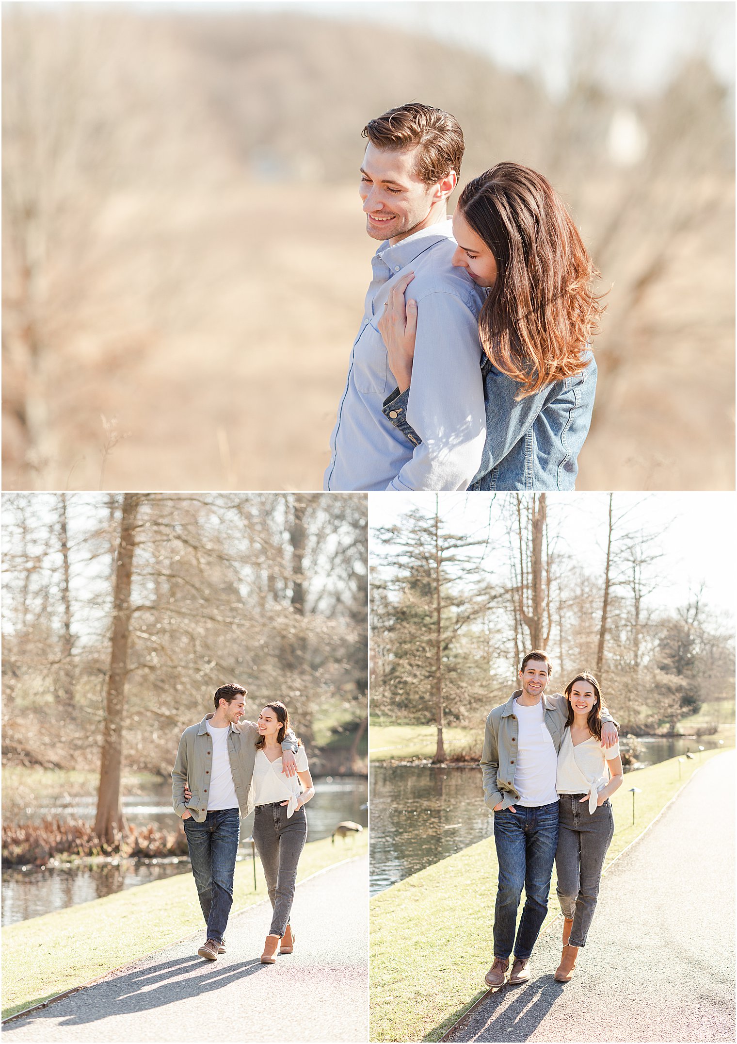 Couple walks by pond during Longwood Gardens Spring Engagement Session