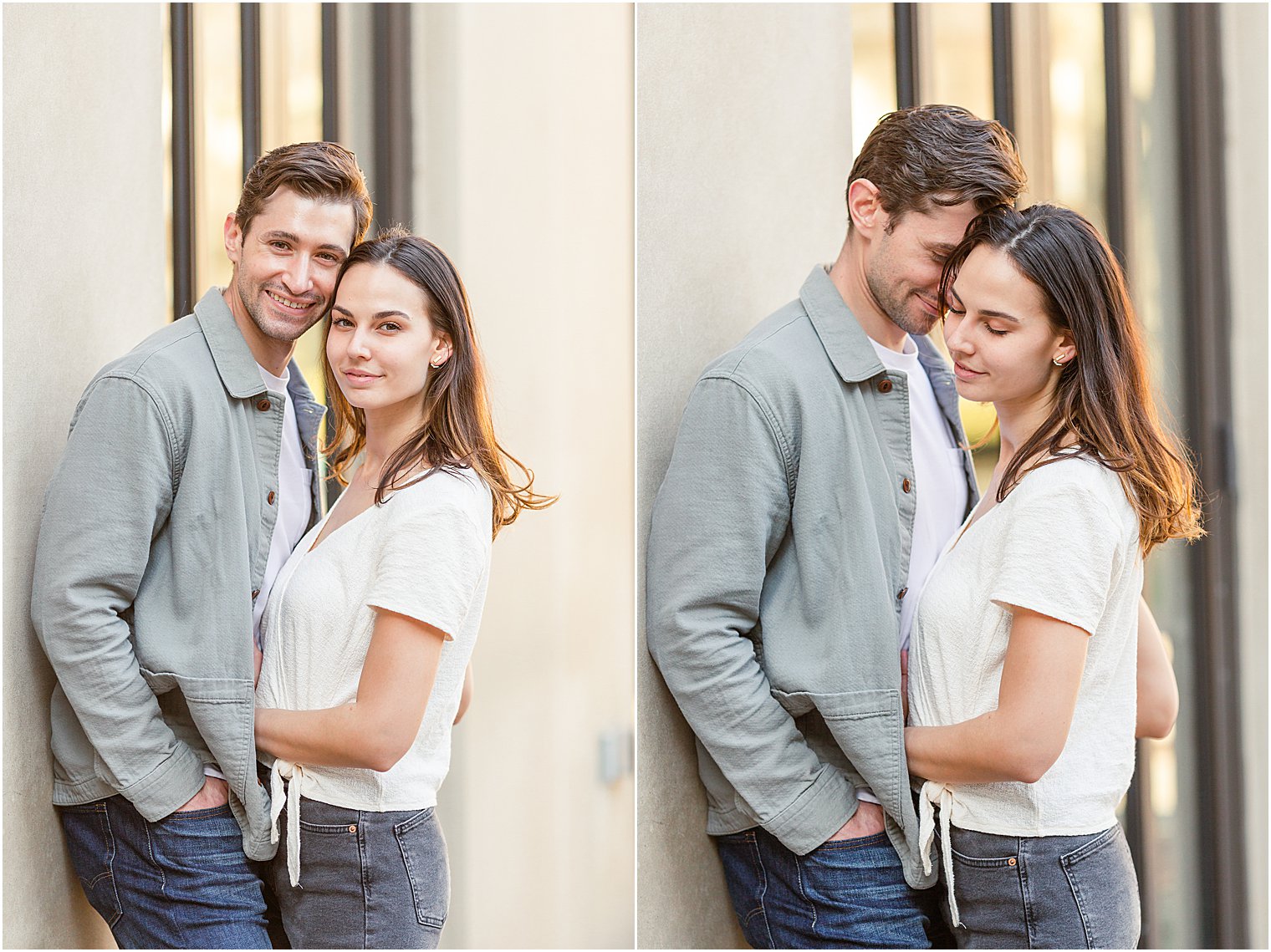 Couple leaning up against a building during engagement session