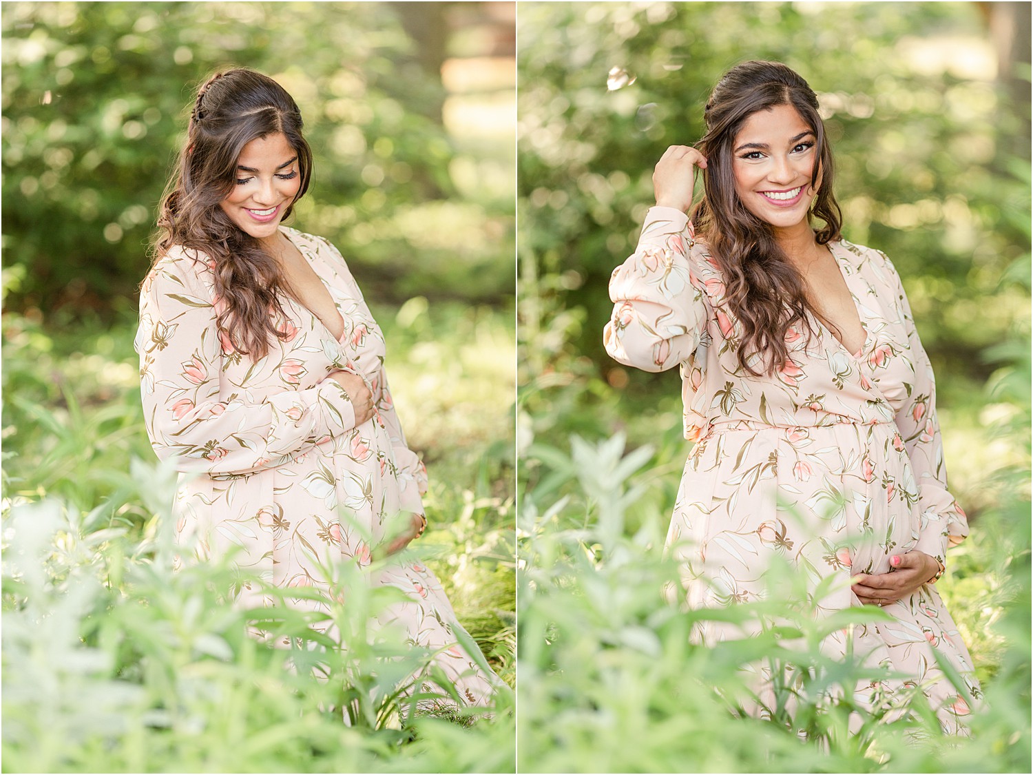 mom stands in tall green grass during maternity portrait session