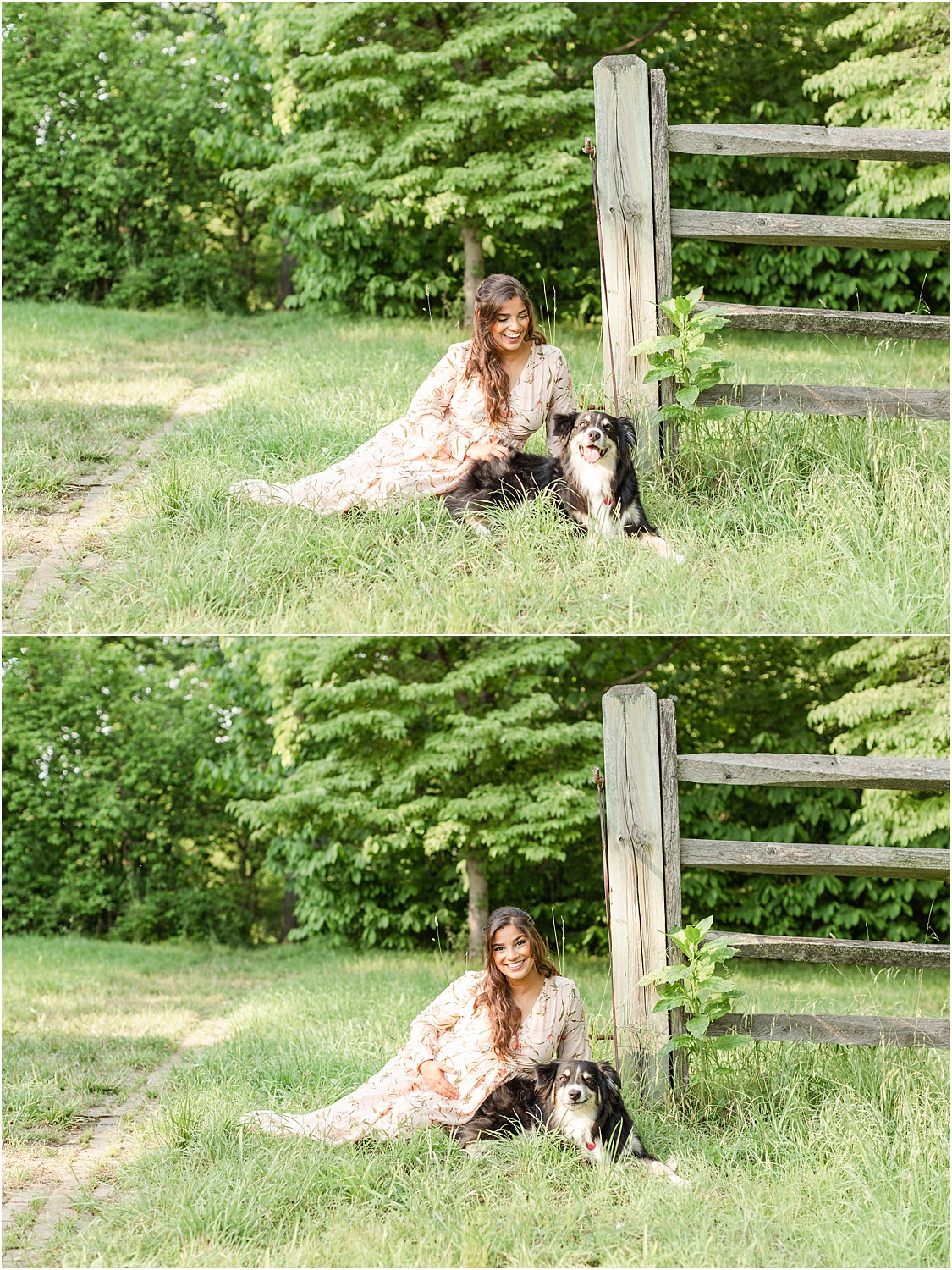 woman sits in the grass with her dog for maternity photos