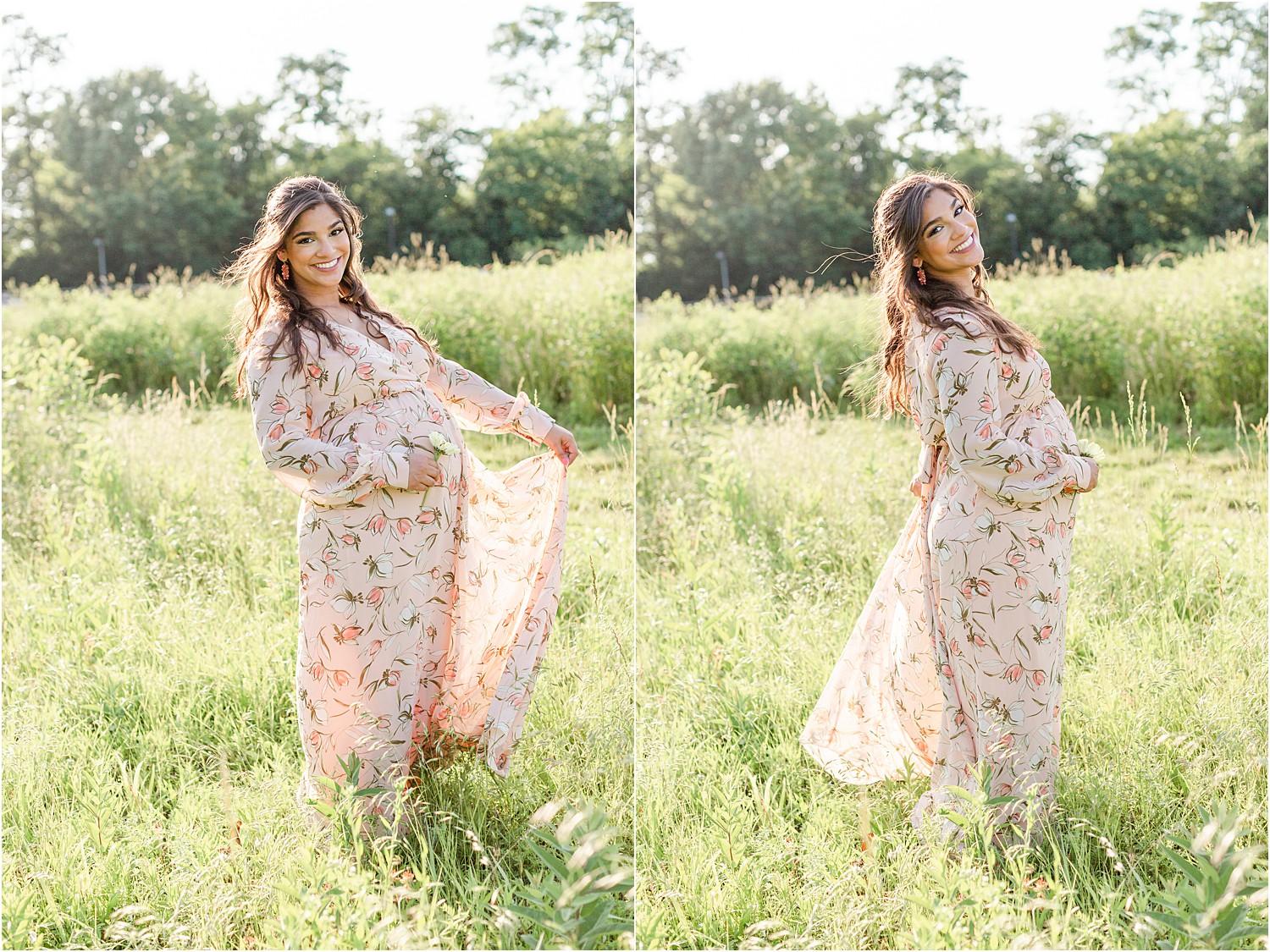 mom to be twirls in pink dress during maternity photo shoot