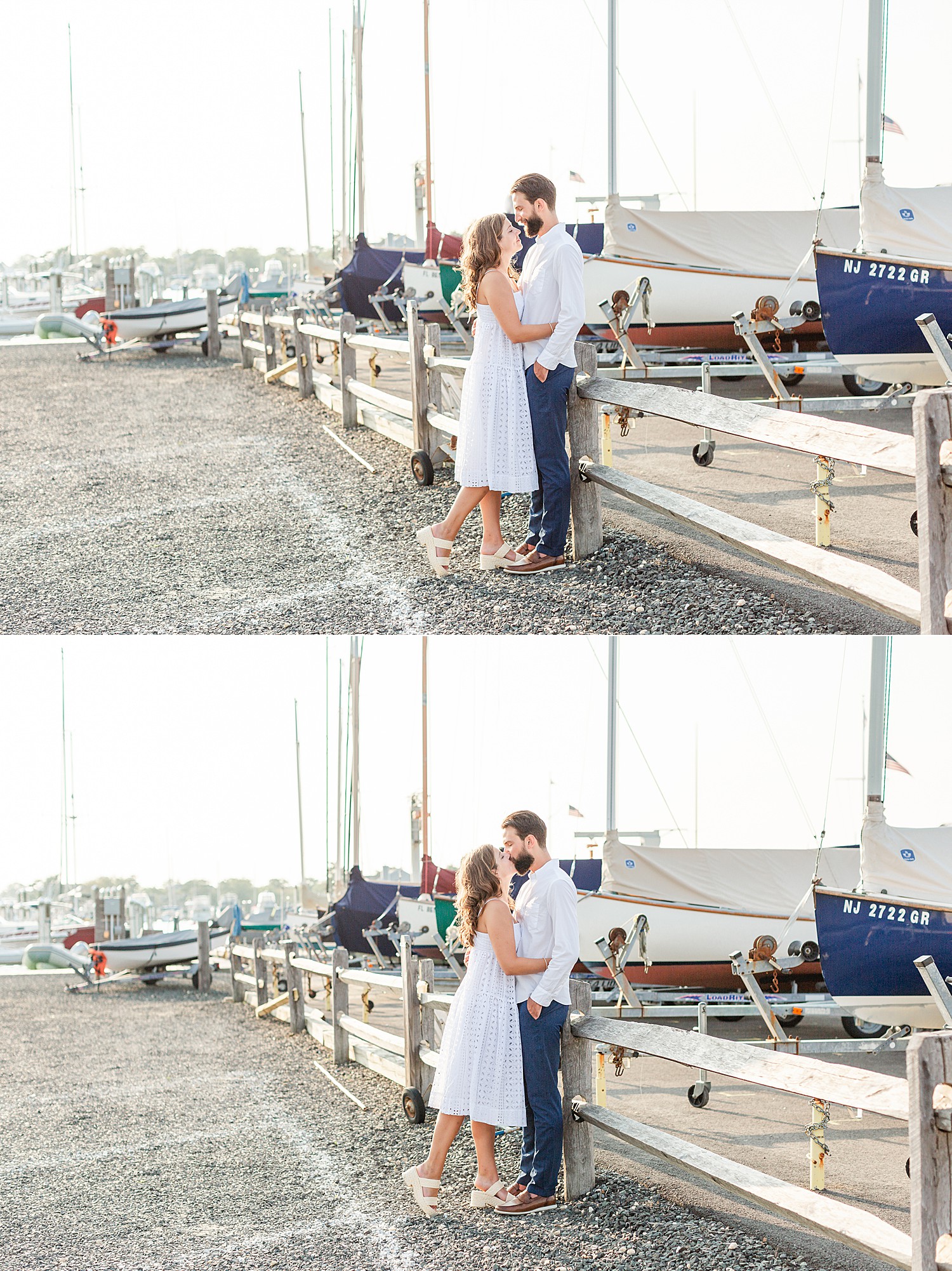 couple lean against fence at a boat dock as they kiss in Bay Head NJ