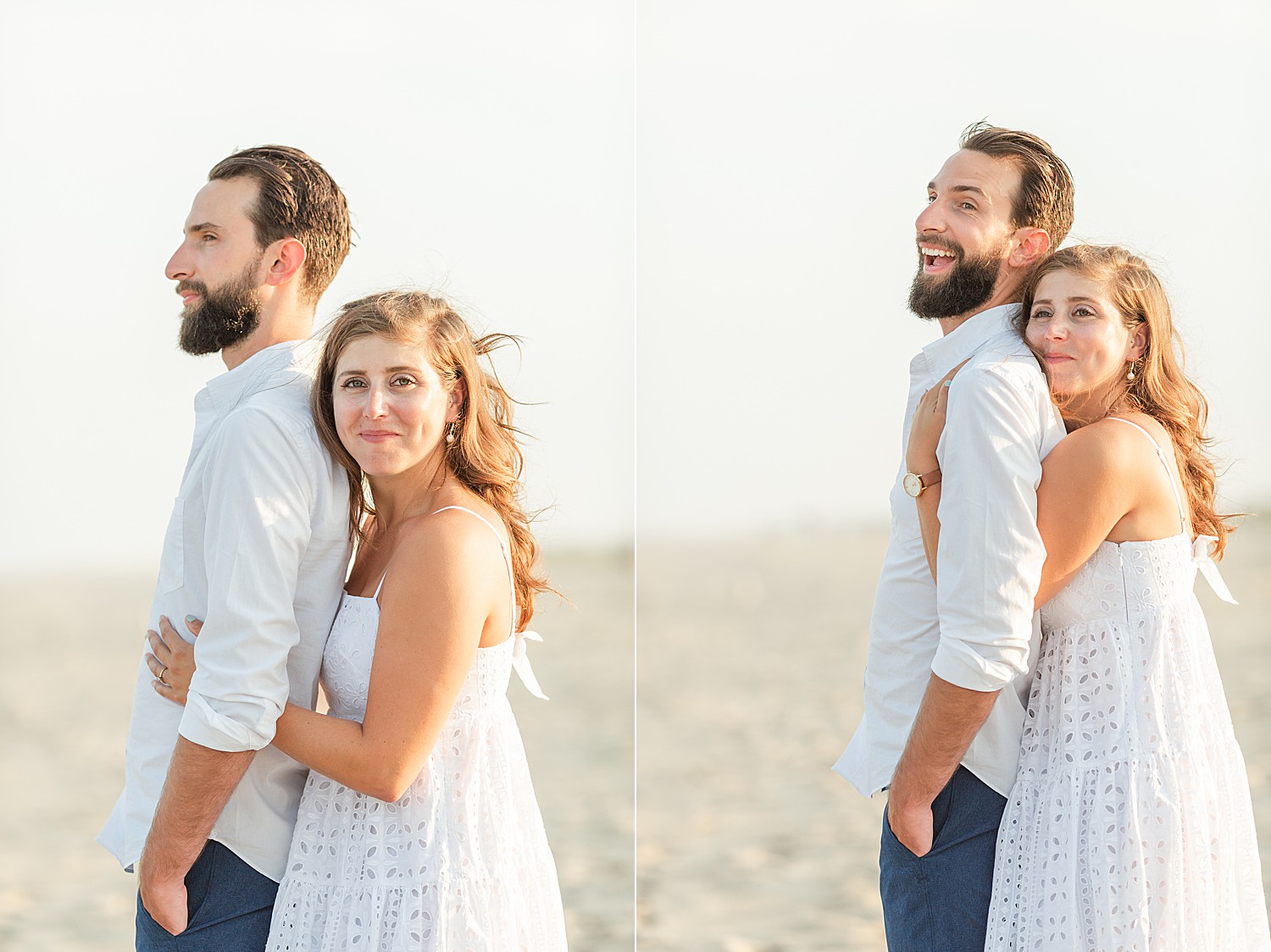 woman hugs fiance from behind on the beach