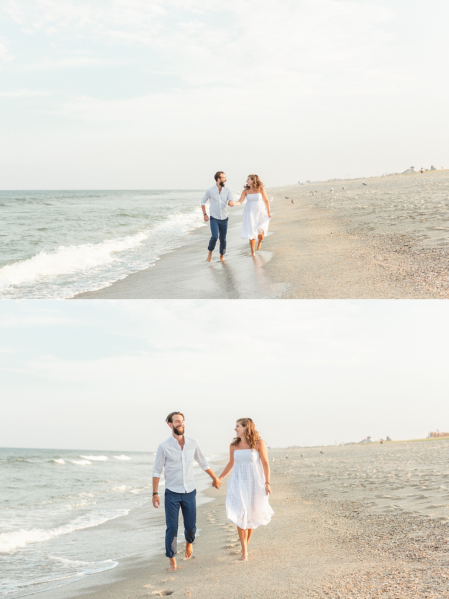 NJ couple walks together on shoreline of NJ beach