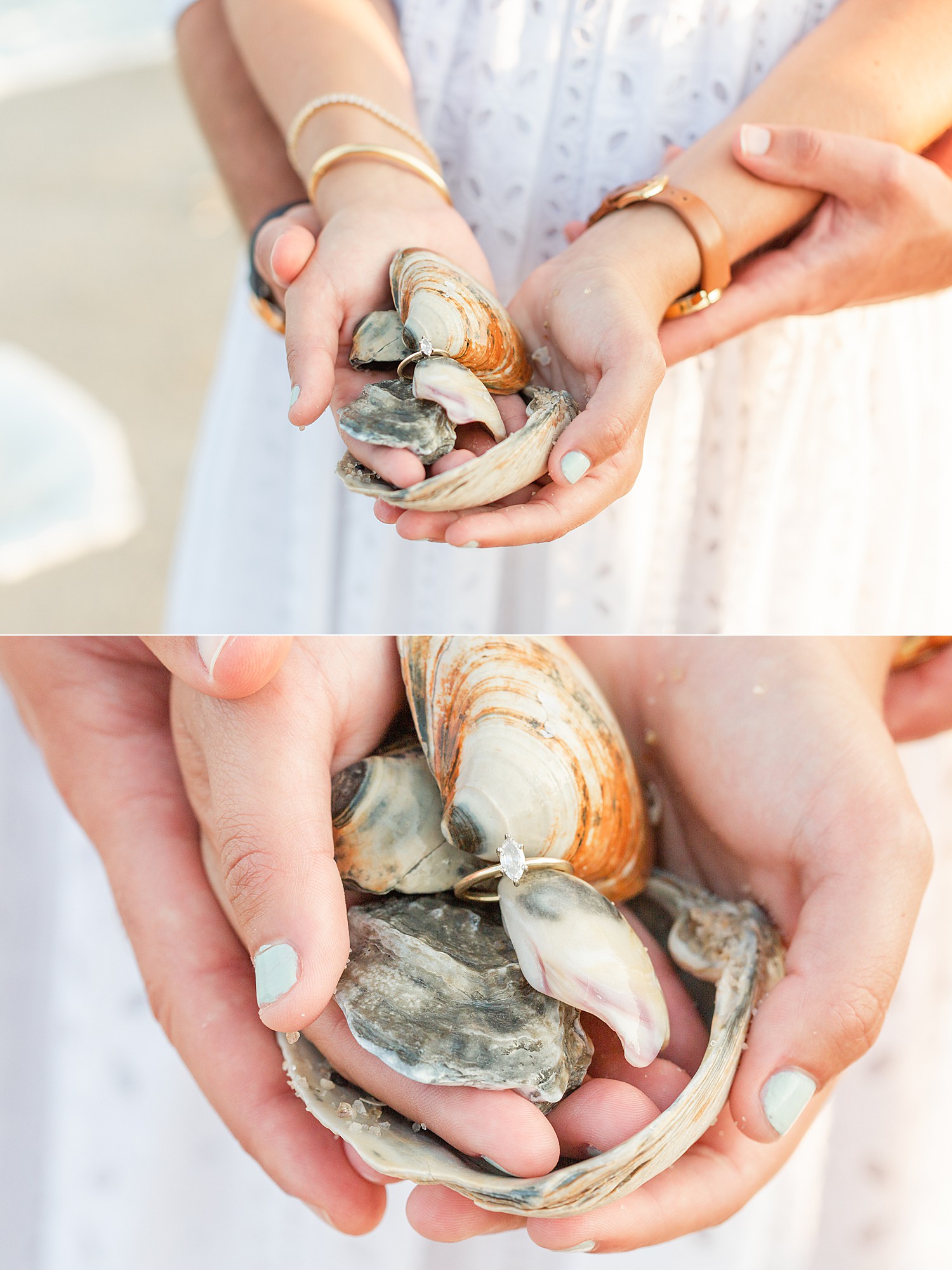 couple holds seashells in hands featuring engagement ring during Bayhead Yacht Club + Beach engagement session