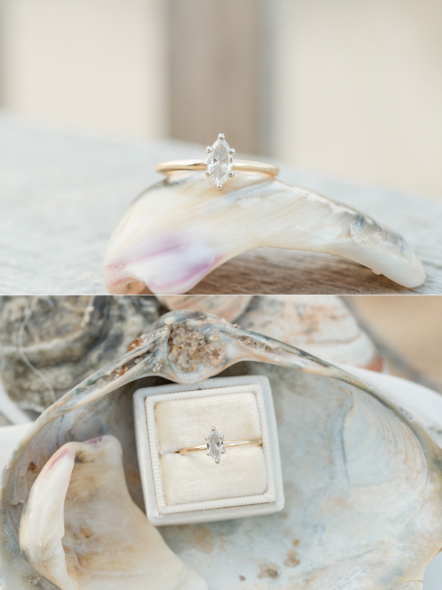 Engagement ring close up during Bayhead Yacht Club + Beach engagement session