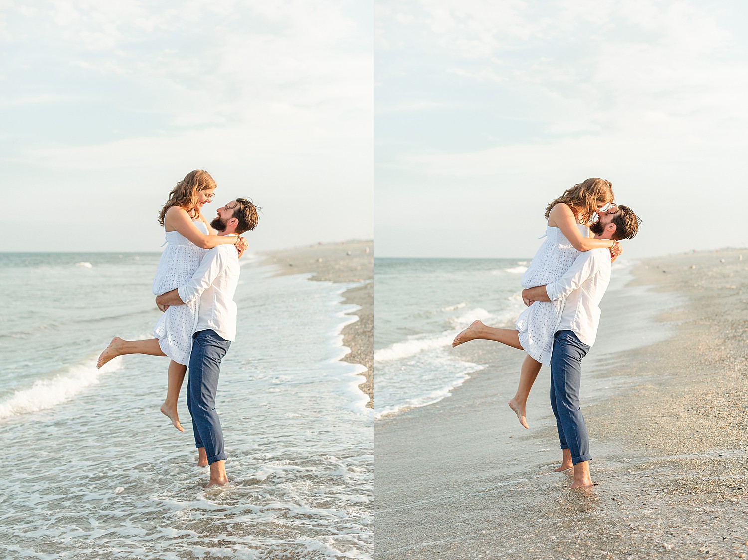 man lifts up his fiance while standing in the ocean at NJ Bay Head beach