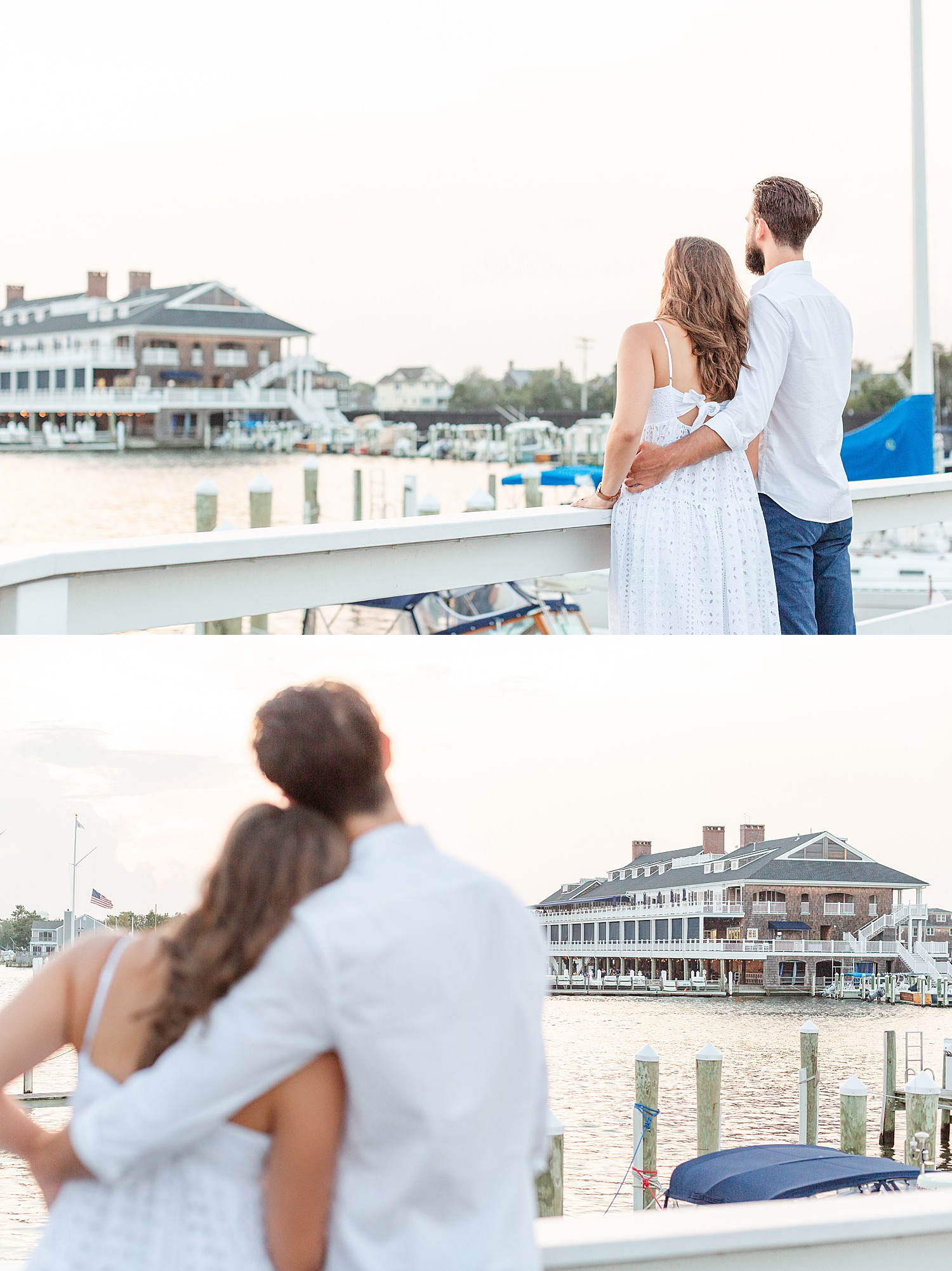 Engaged Couple looks out over water at the Bay Head Yacht Club during engagement session