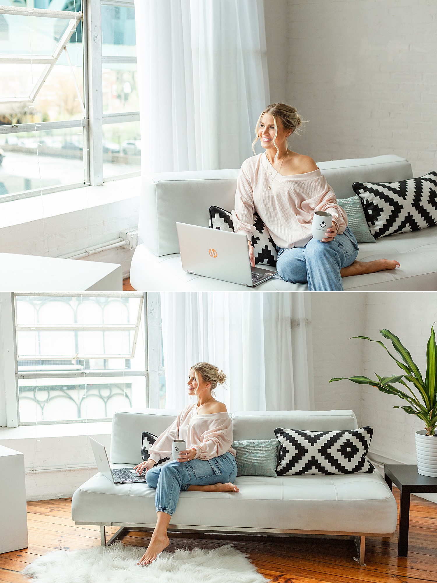 Female Business Owner and CEO sits on couch during Branding Photos by Jocelyn Cruz Photography