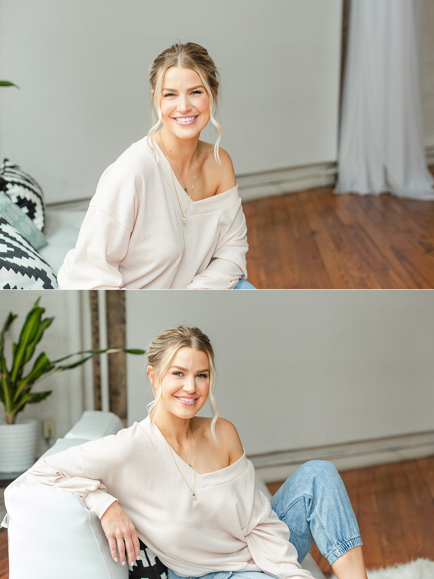 Woman in off shoulder sweater sits casually during branding session in PA