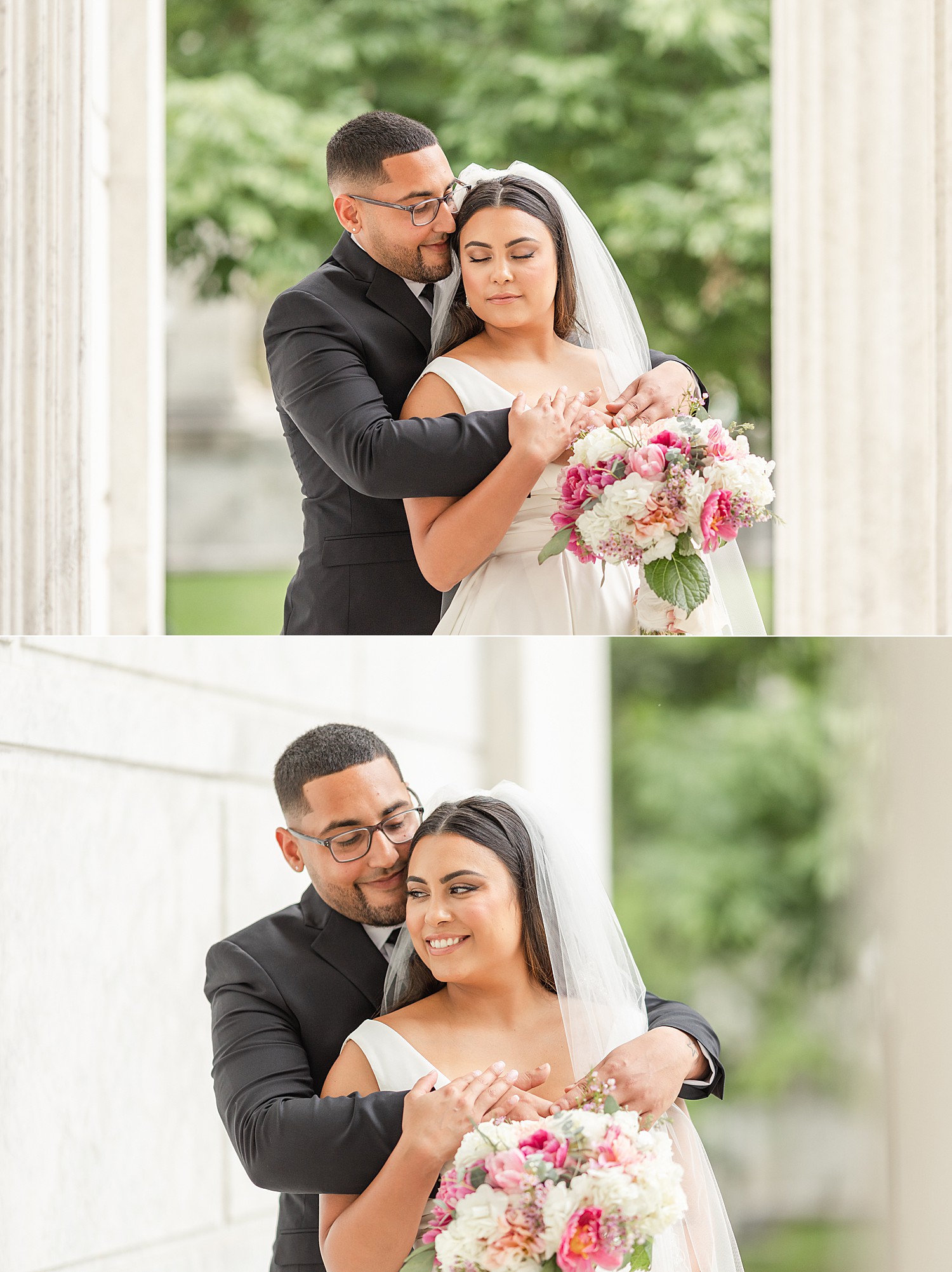 Husband + wife embrace during wedding portraits