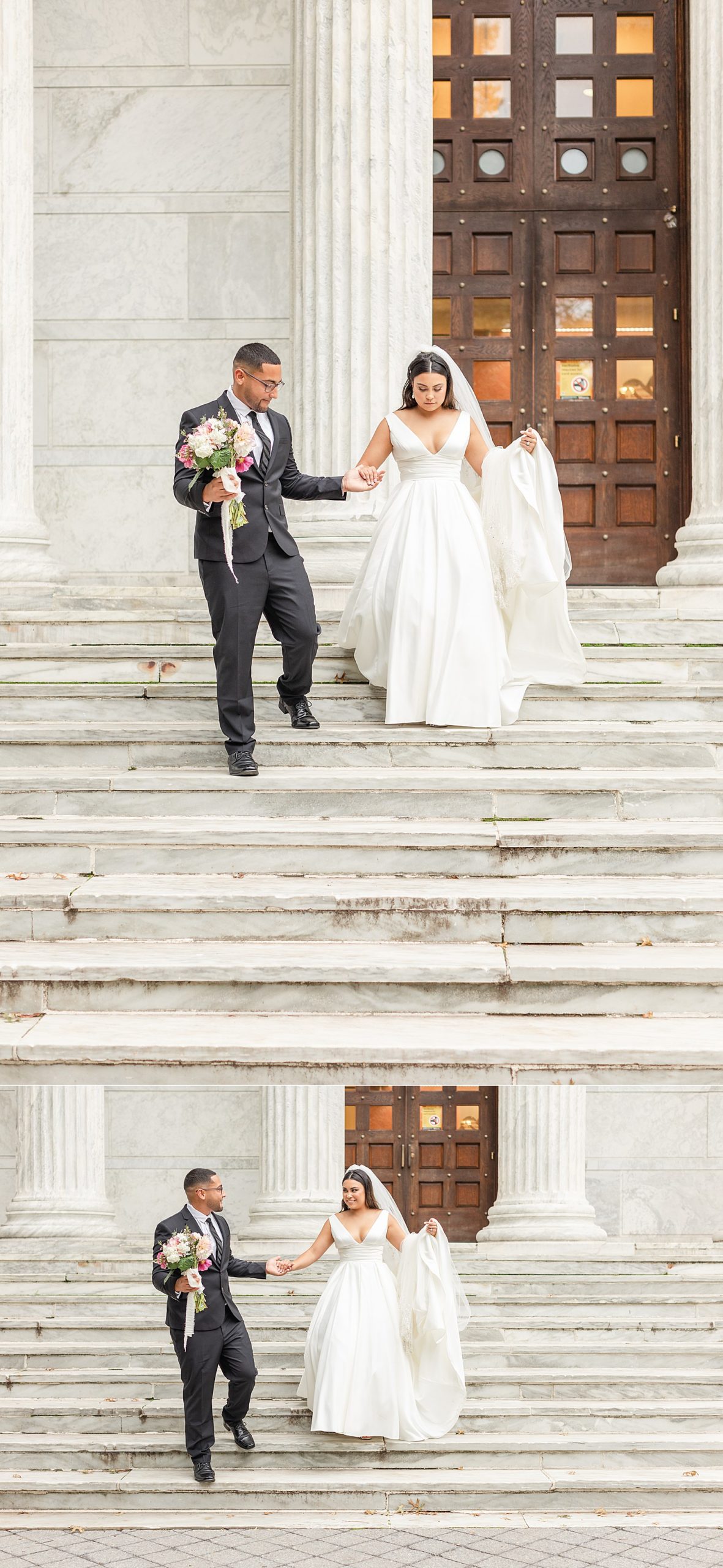couple walks down staircase during wedding portraits in NJ