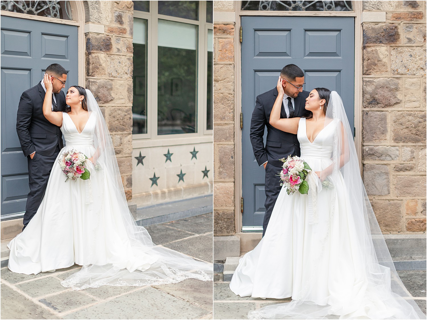 husband + wife lovingly look at each other during NJ wedding portraits