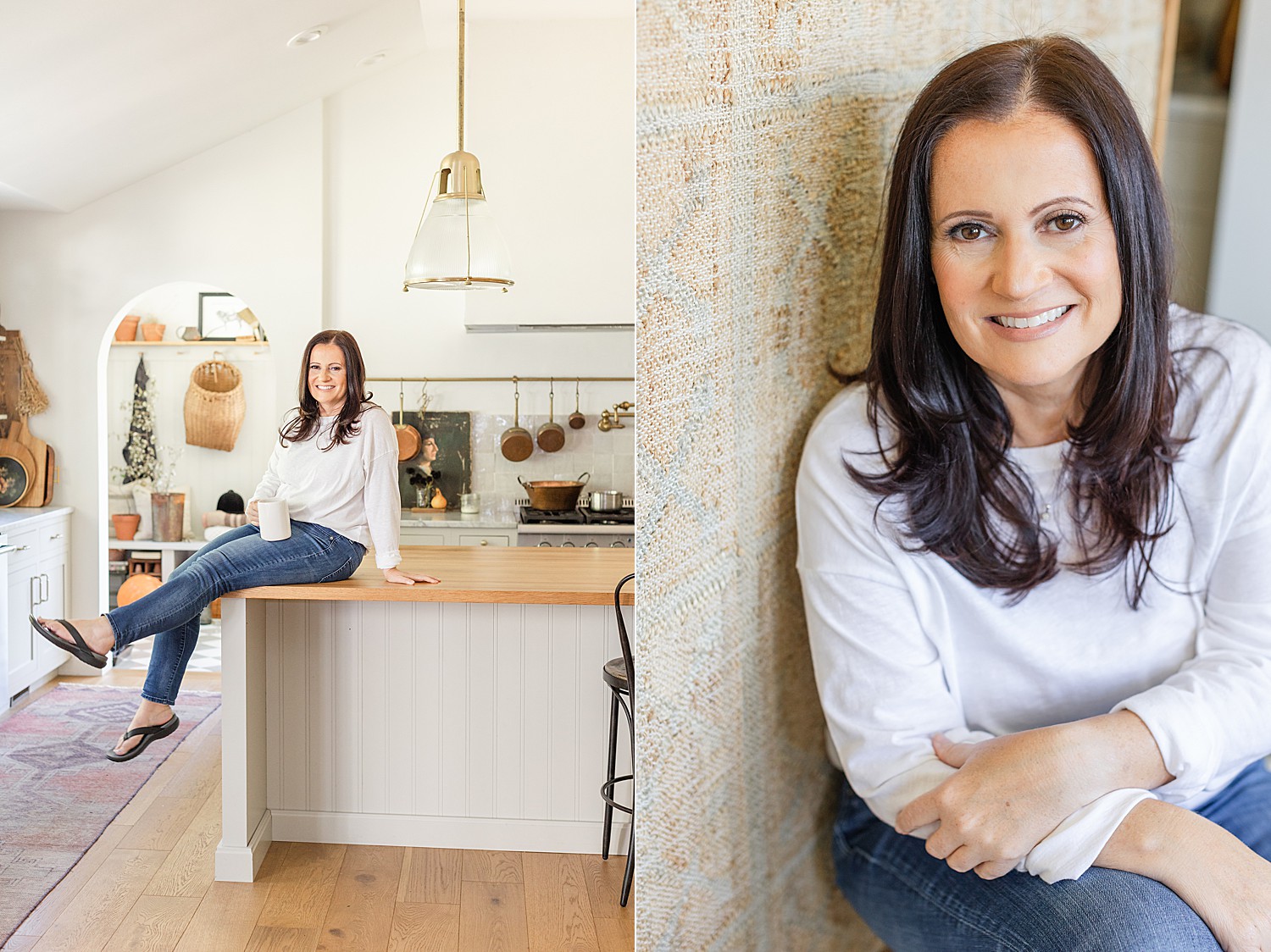 Woman in farmhouse kitchen for real estate branding photos